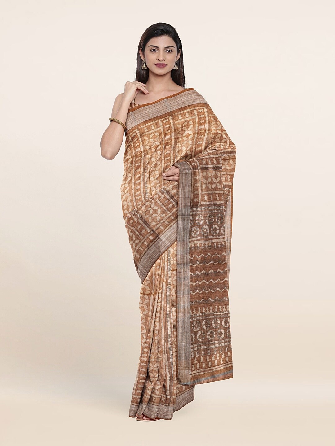 

Pothys Beige Ethnic Motifs Jute Silk Saree