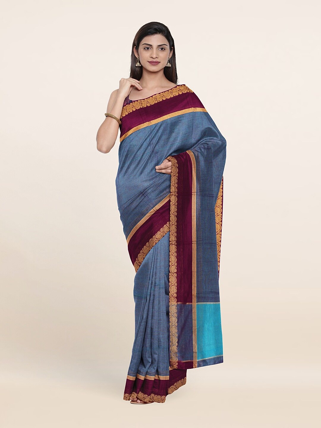 

Pothys Blue & Maroon Zari Pure Cotton Saree