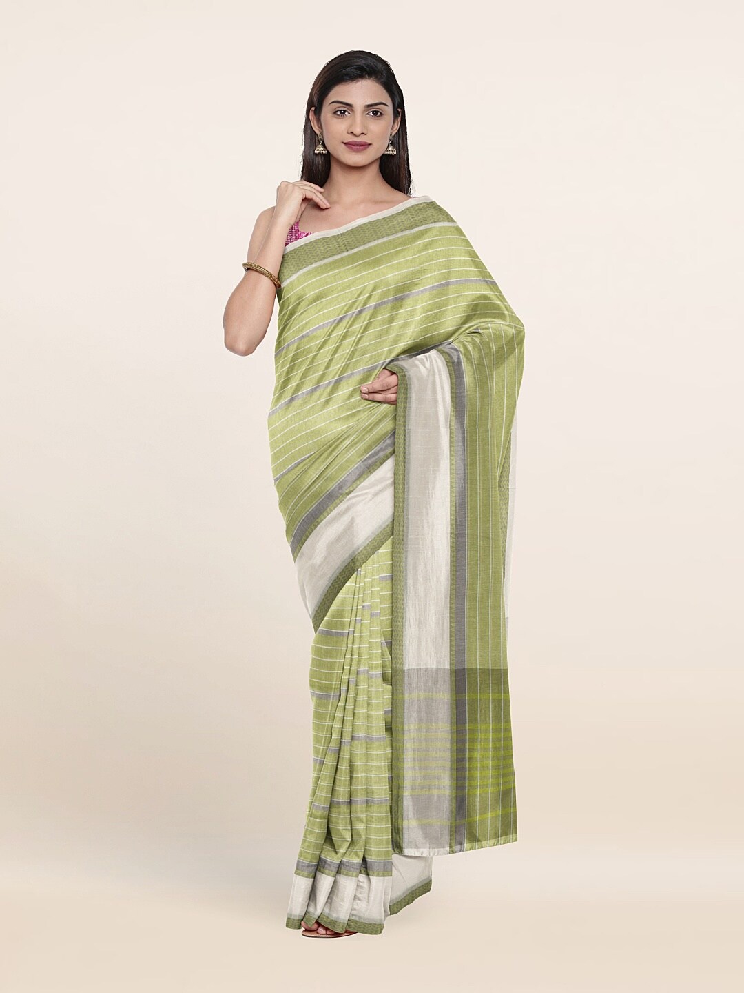 

Pothys Green & Grey Striped Pure Cotton Saree