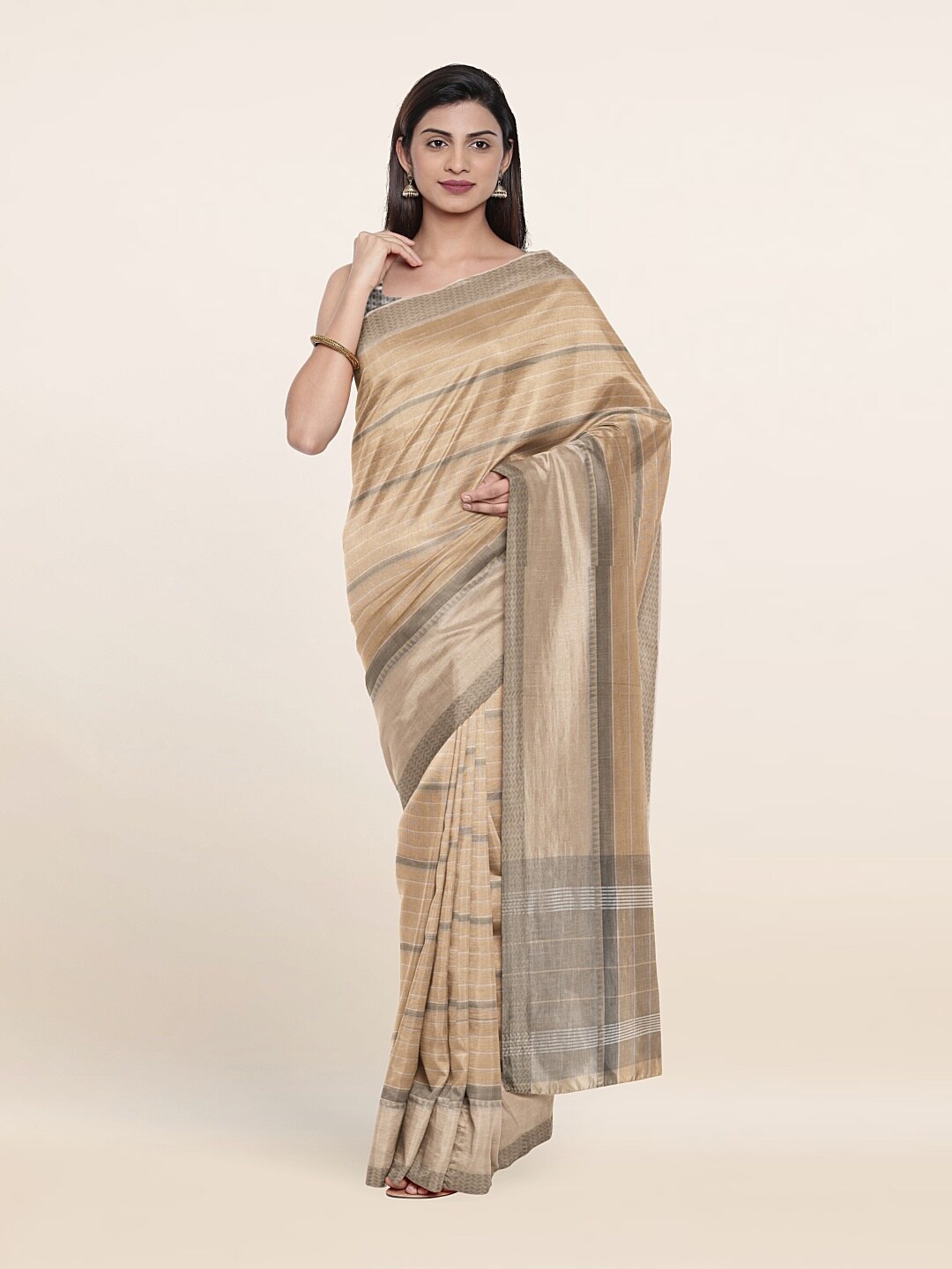 

Pothys Cream-Coloured & Grey Striped Pure Cotton Saree