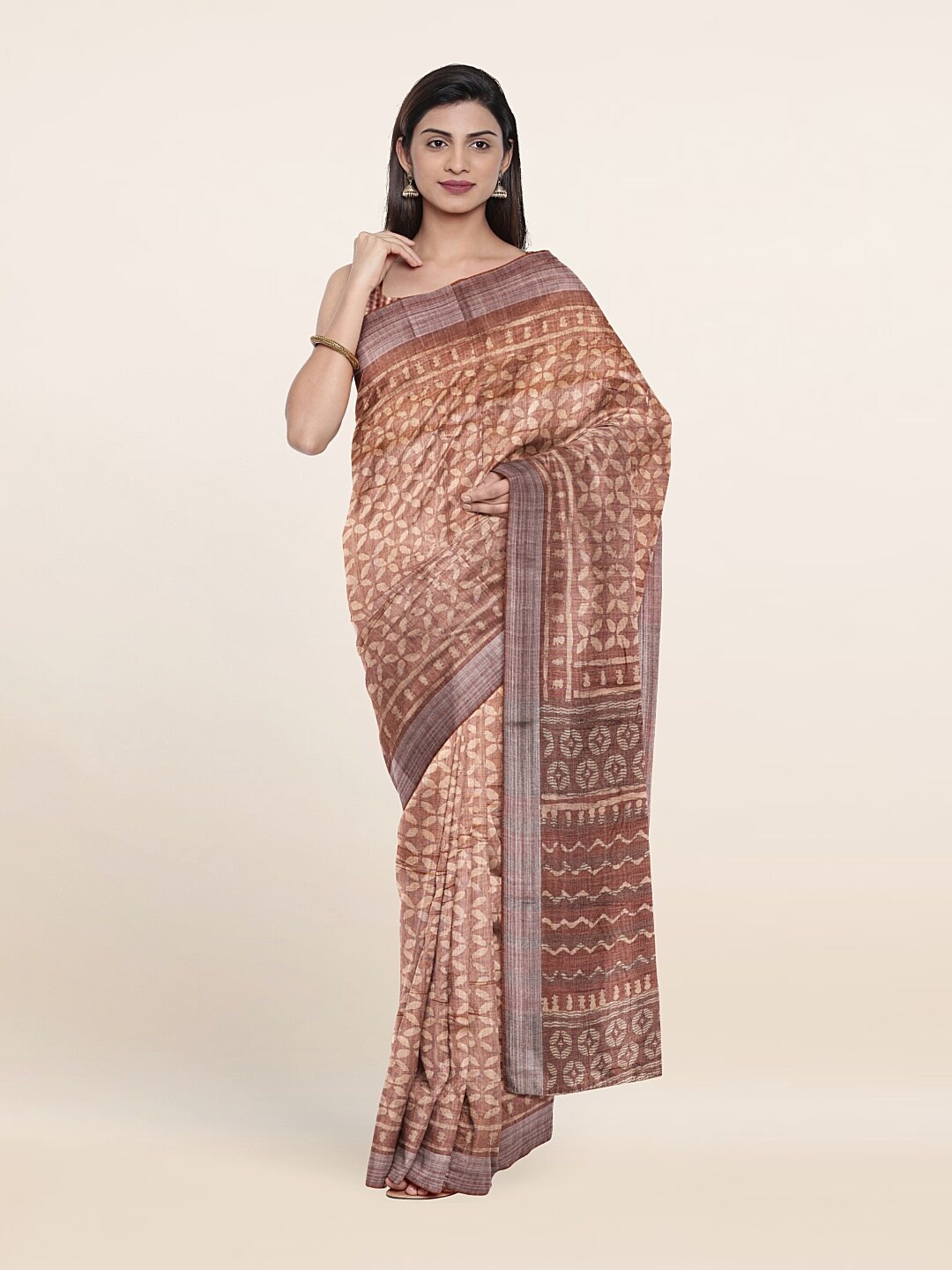 

Pothys Peach-Coloured Floral Jute Silk Saree