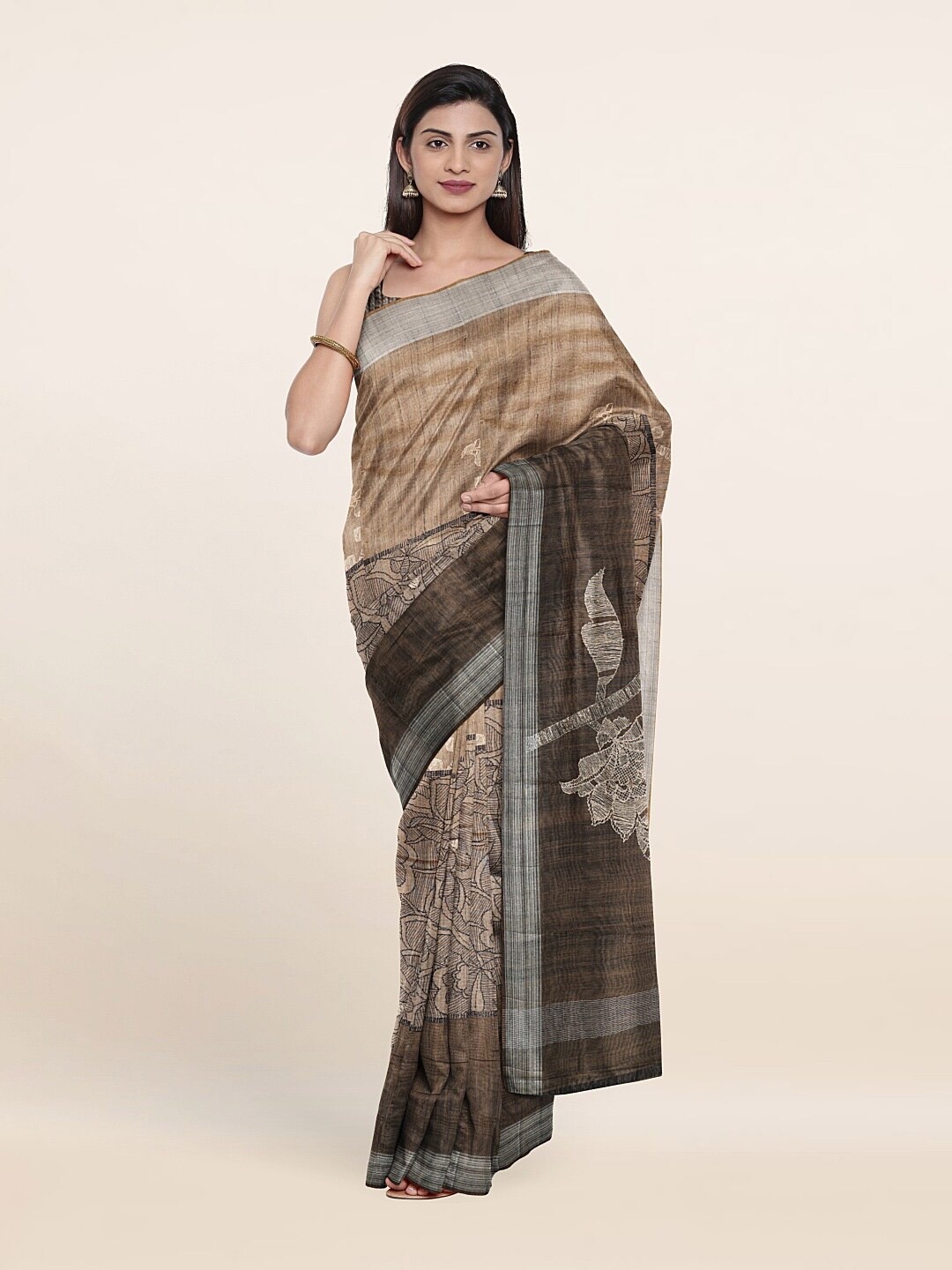 

Pothys Brown & Grey Floral Jute Silk Saree