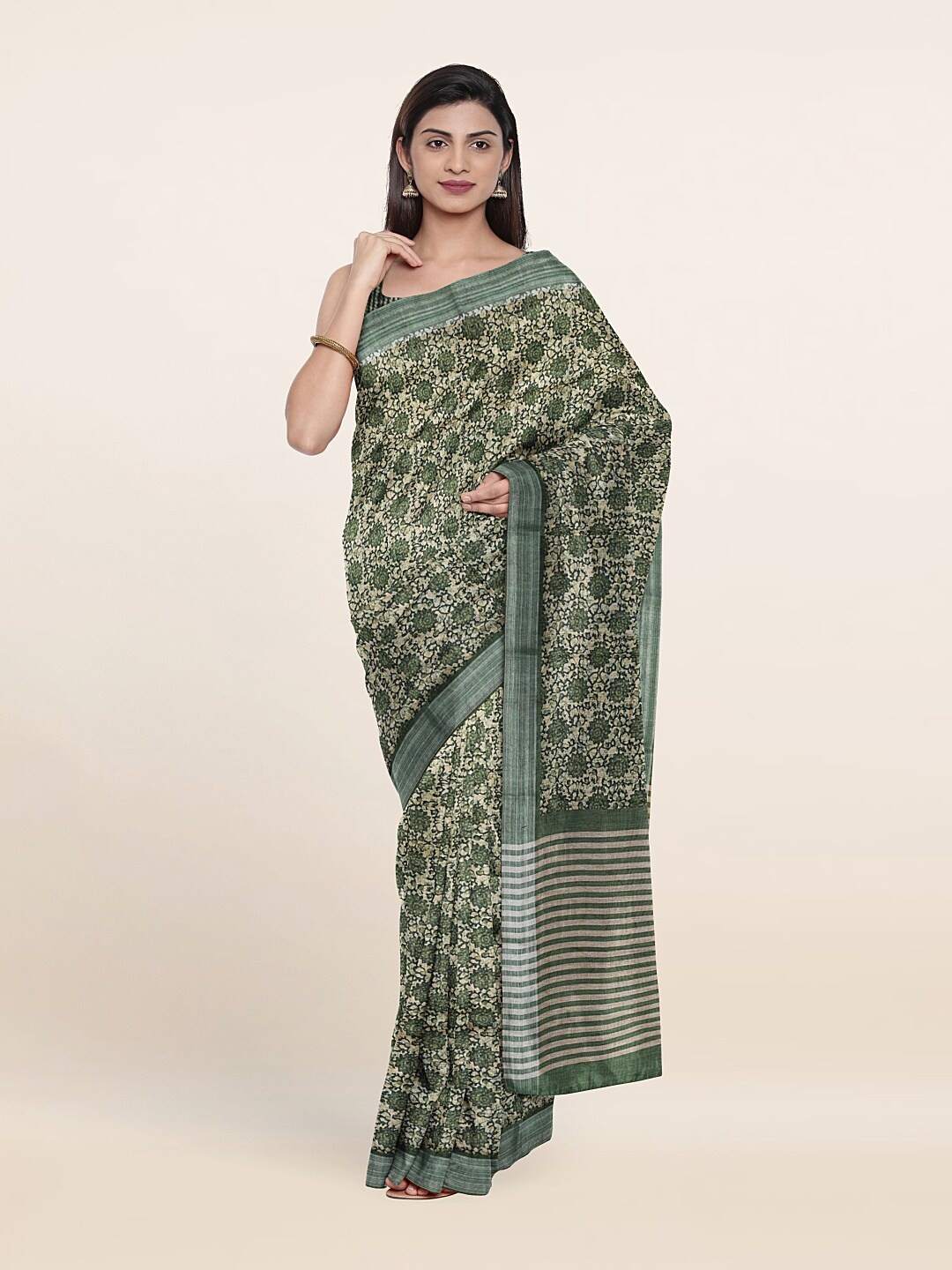 

Pothys Green & Brown Floral Jute Silk Saree