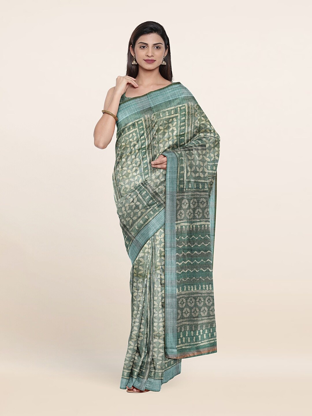 

Pothys Green Printed Woven Design Jute Silk Saree