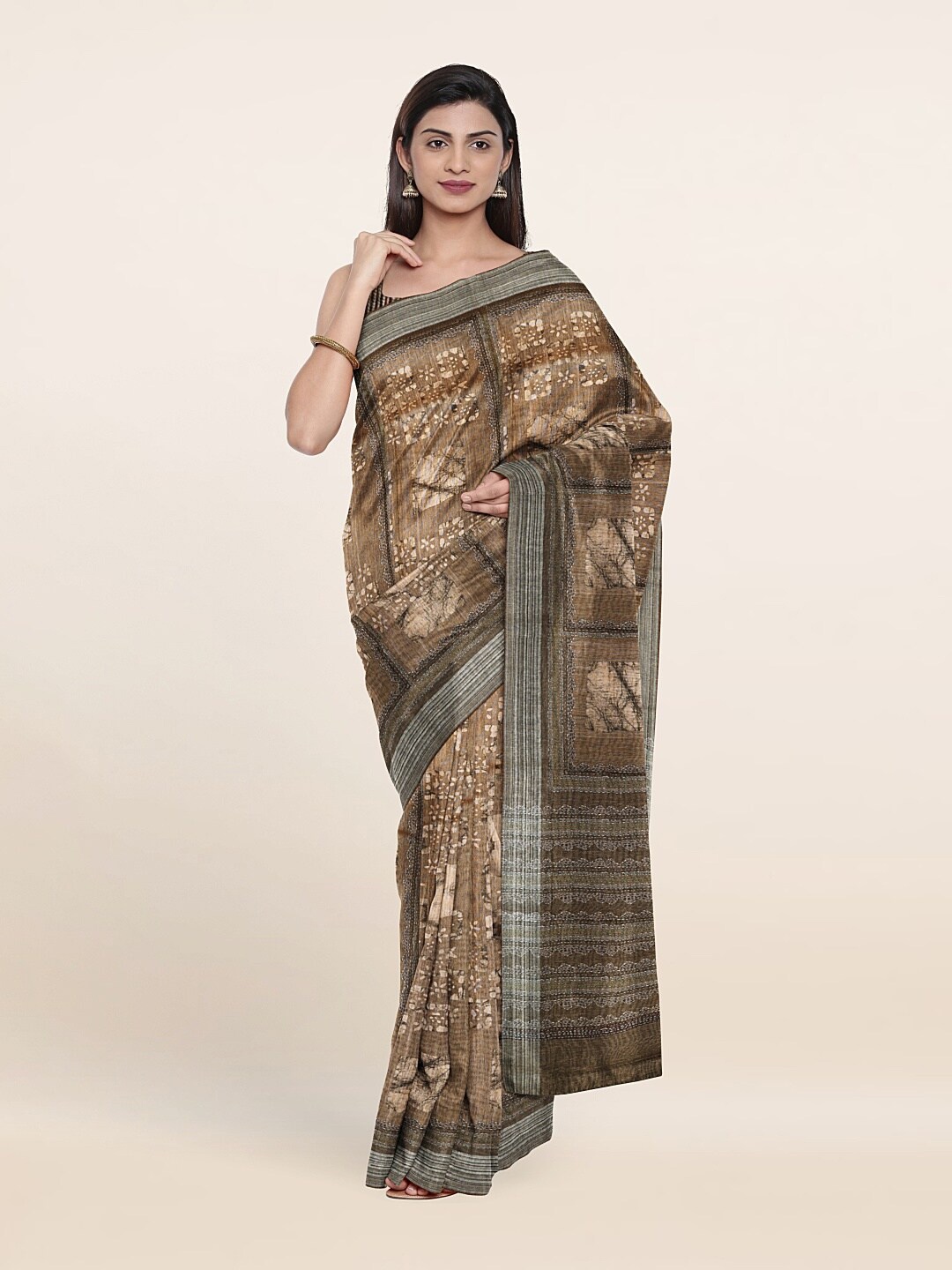 

Pothys Green & Brown Printed Woven Design Jute Silk Saree