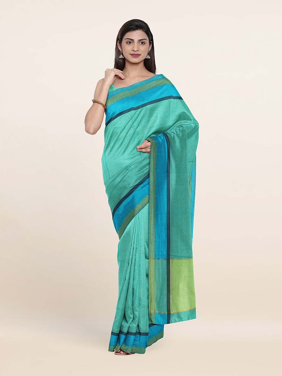 

Pothys Green Printed Striped Pure Cotton Saree