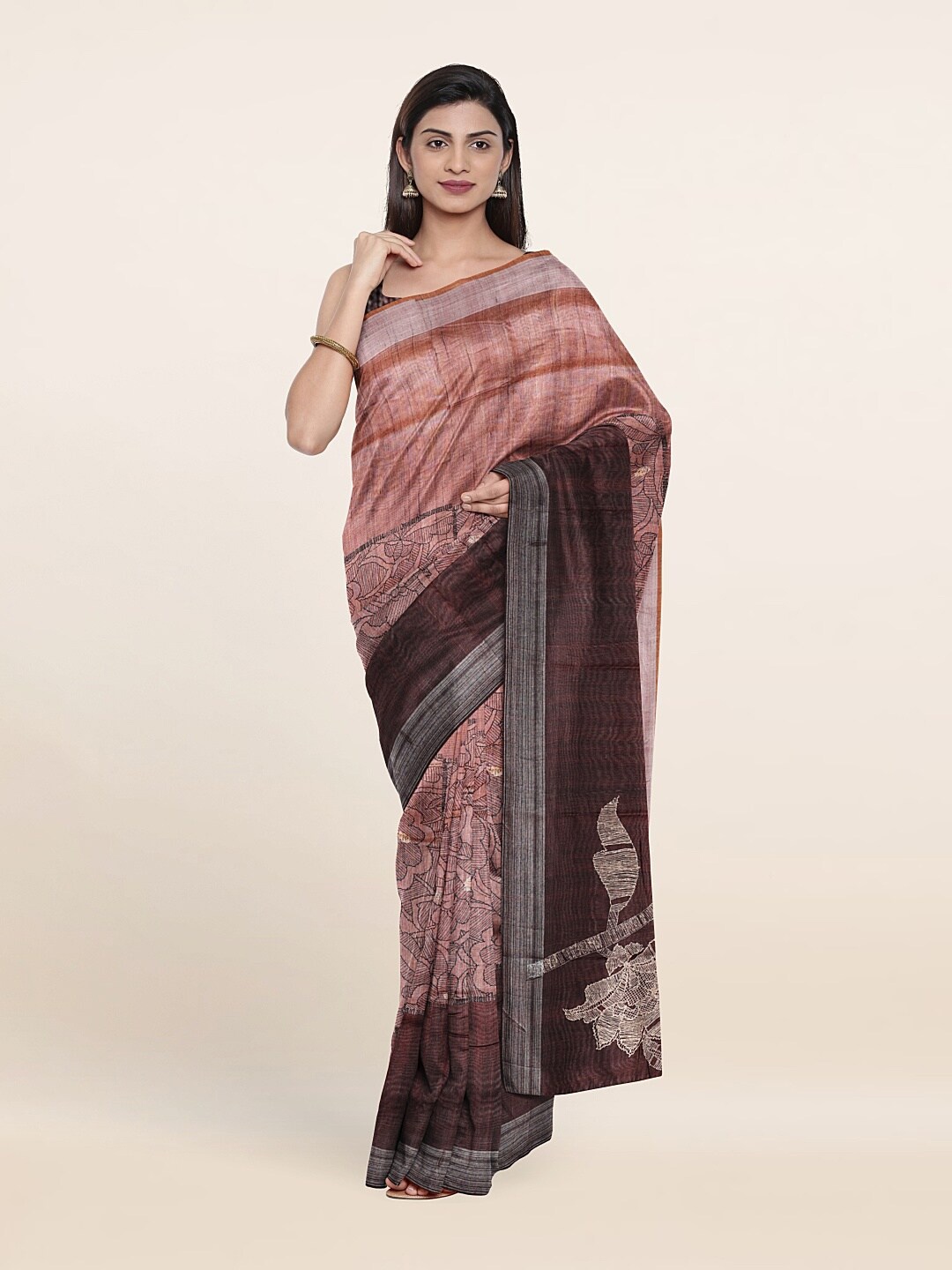 

Pothys Pink & Burgundy Printed Floral Jute Silk Saree