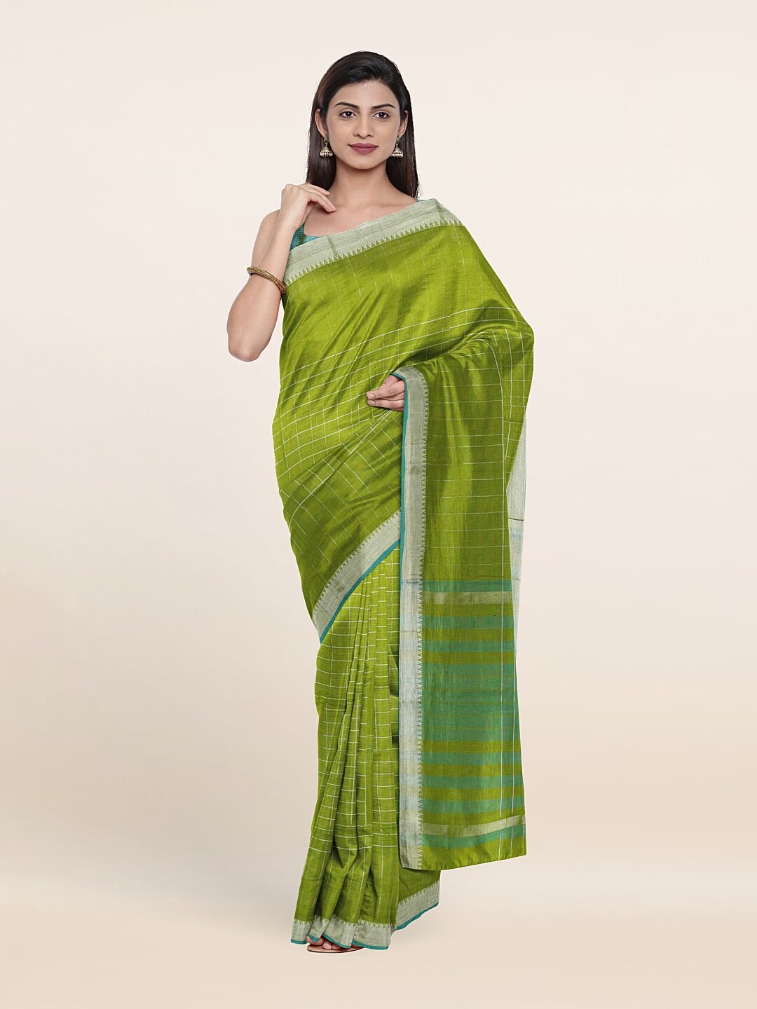 

Pothys Green & Silver-Toned Checked Zari Pure Cotton Saree