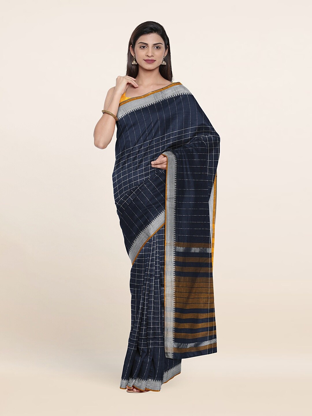 

Pothys Blue & Grey Checked Pure Cotton Saree