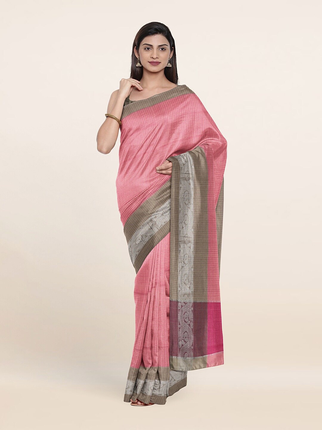 

Pothys Pink & White Checked Pure Cotton Saree