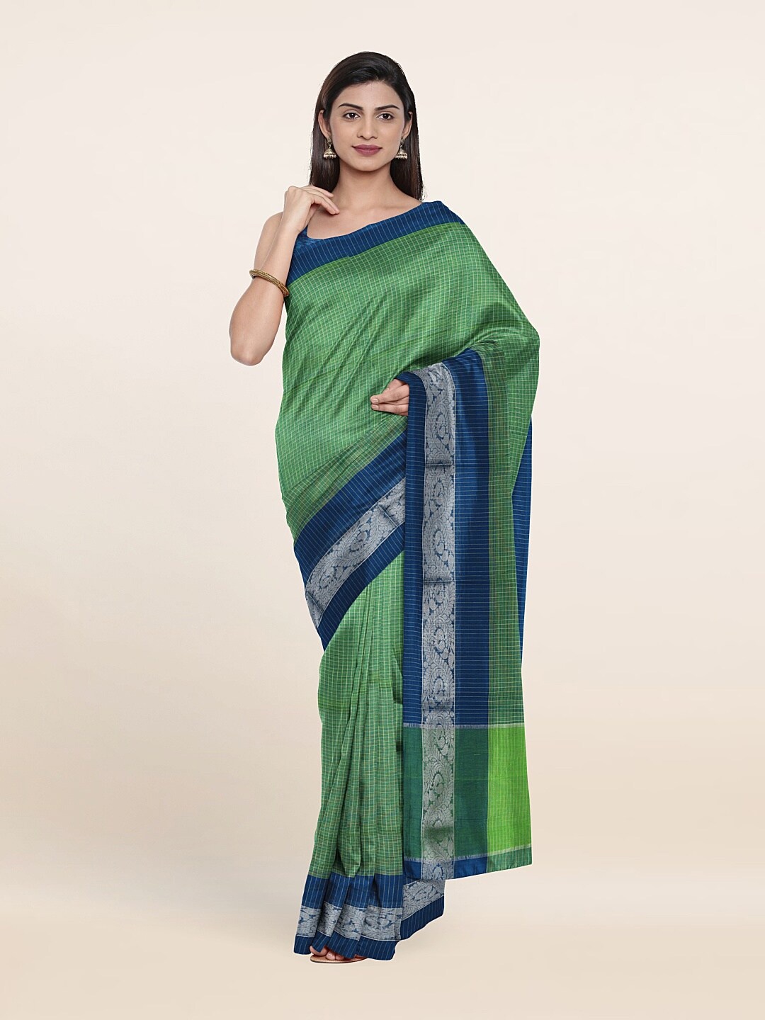 

Pothys Green & Silver-Toned Checked Zari Pure Cotton Saree