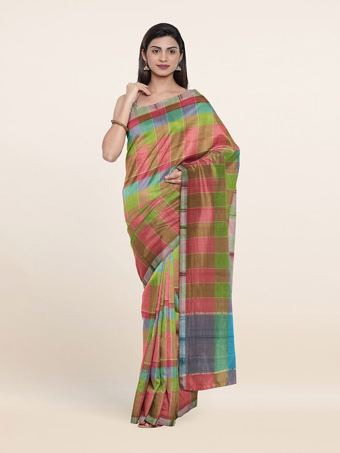 

Pothys Red & Blue Checked Pure Cotton Saree