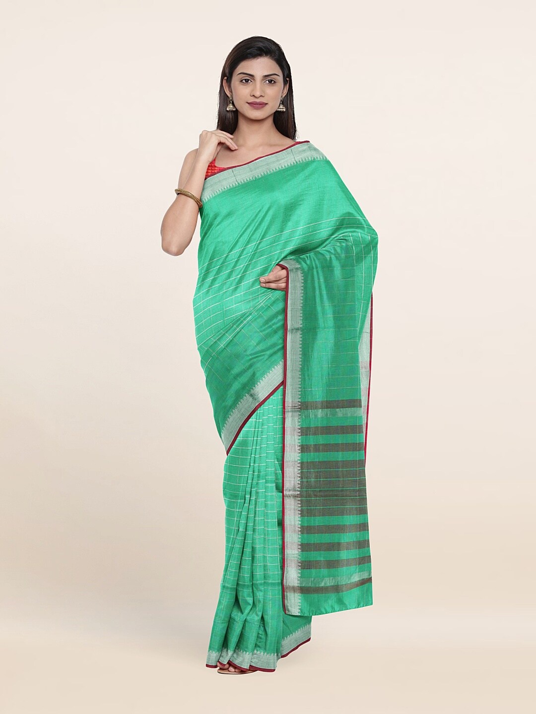 

Pothys Green & Silver-Toned Checked Zari Pure Cotton Saree
