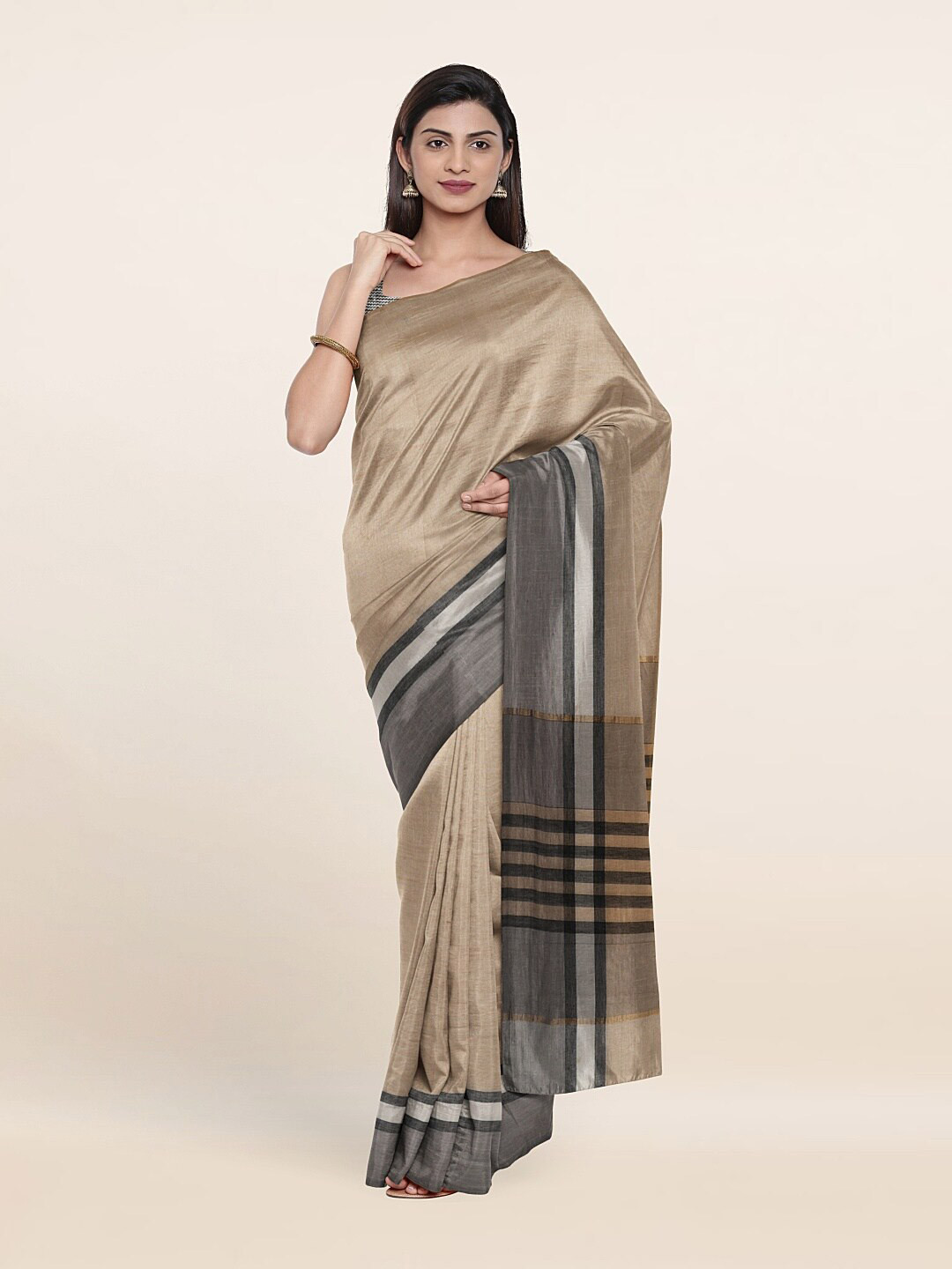 

Pothys Cream-Coloured & Grey Striped Pure Cotton Saree