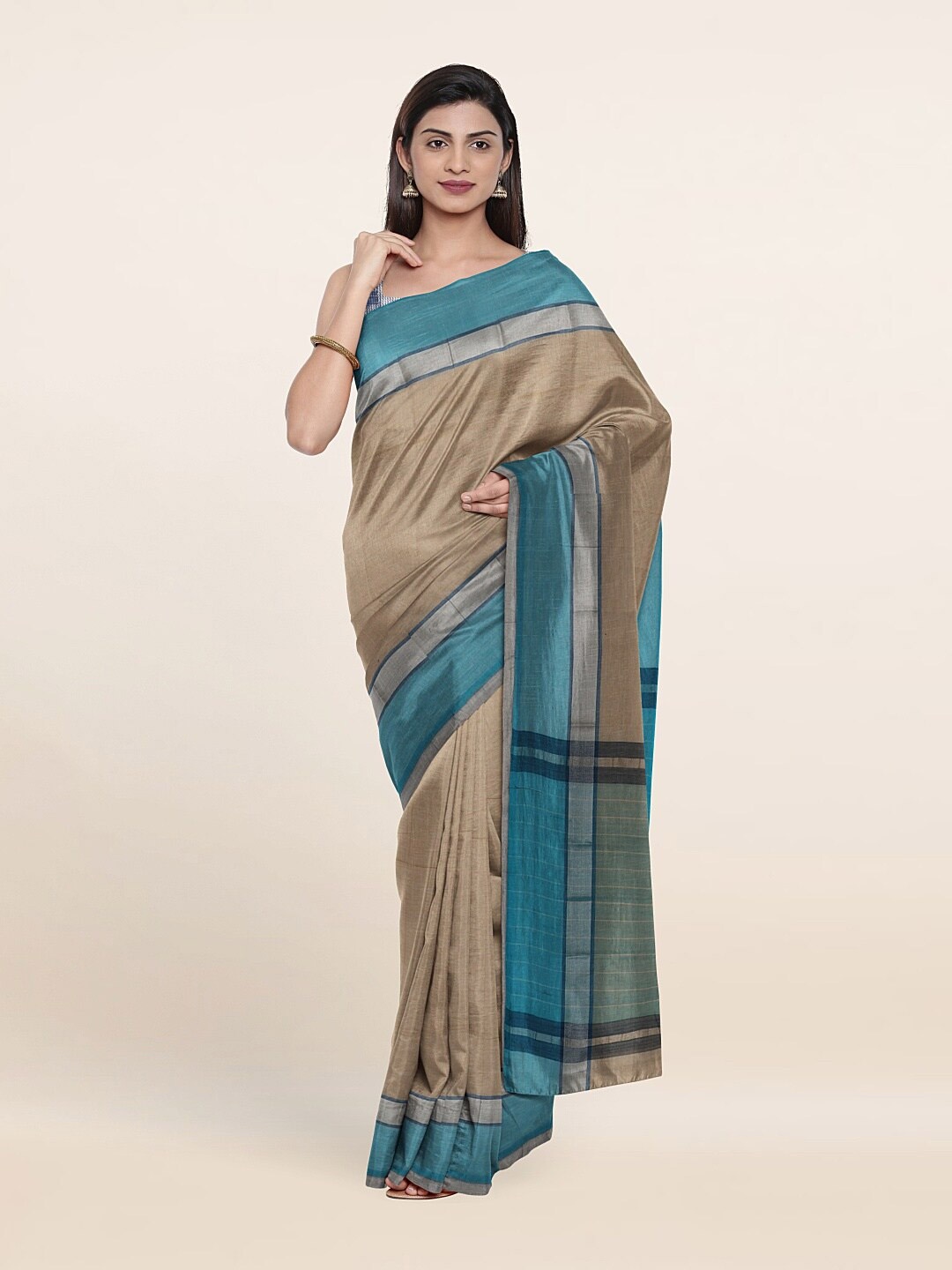 

Pothys Cream-Coloured & Blue Striped Pure Cotton Saree