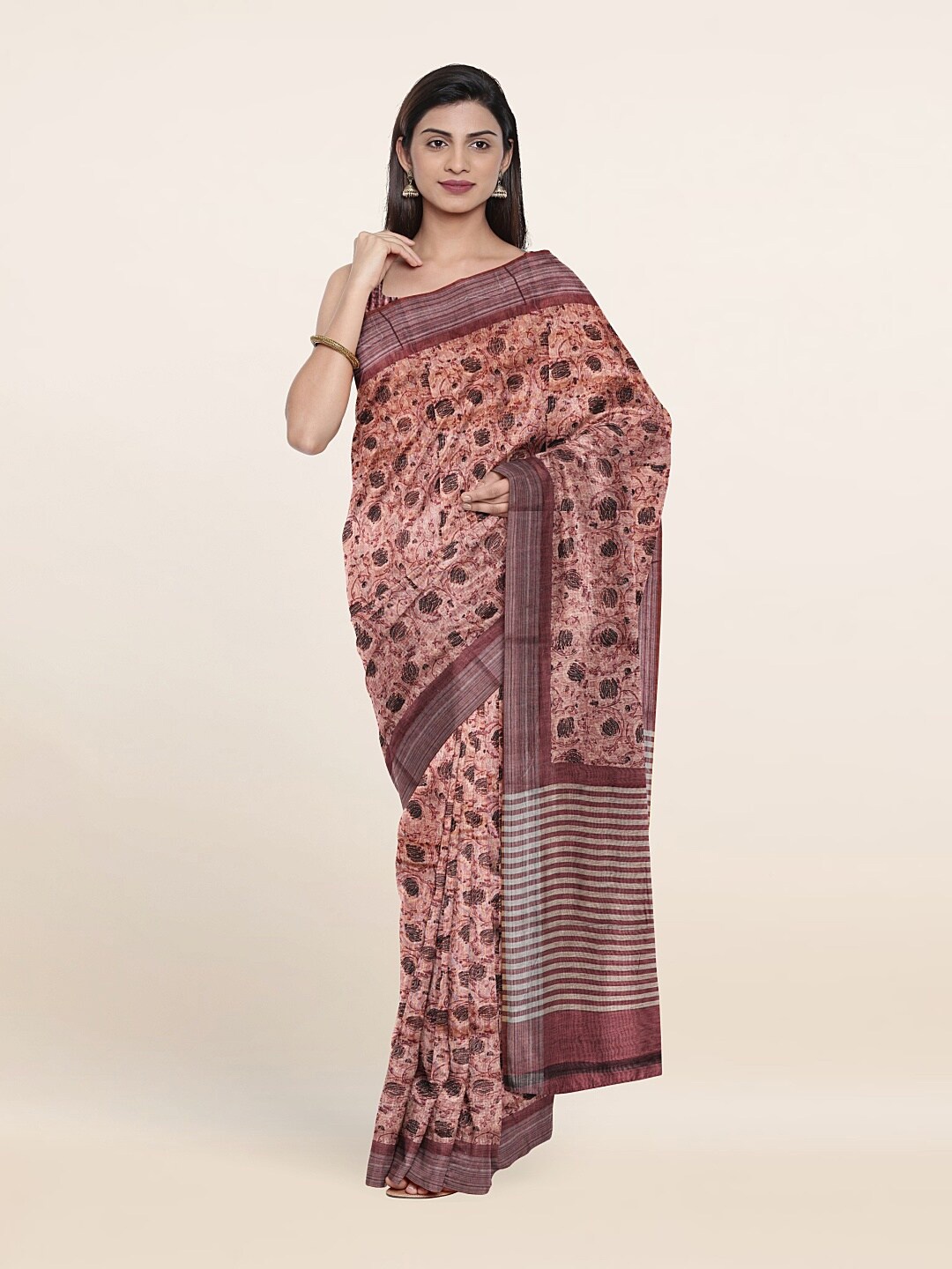 

Pothys Mauve & Silver-Toned Floral Zari Jute Silk Saree