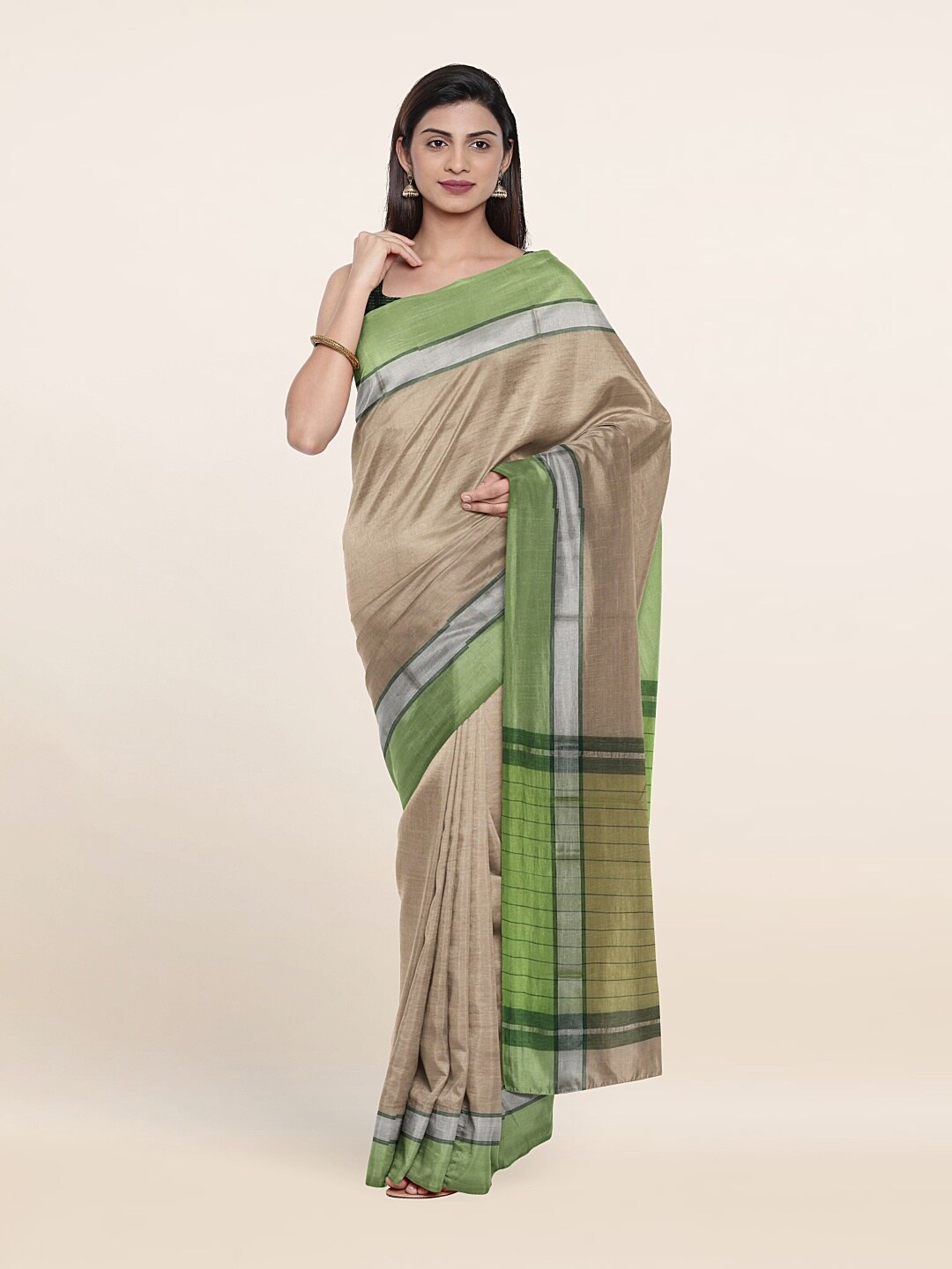 

Pothys Cream-Coloured & Green Striped Pure Cotton Saree
