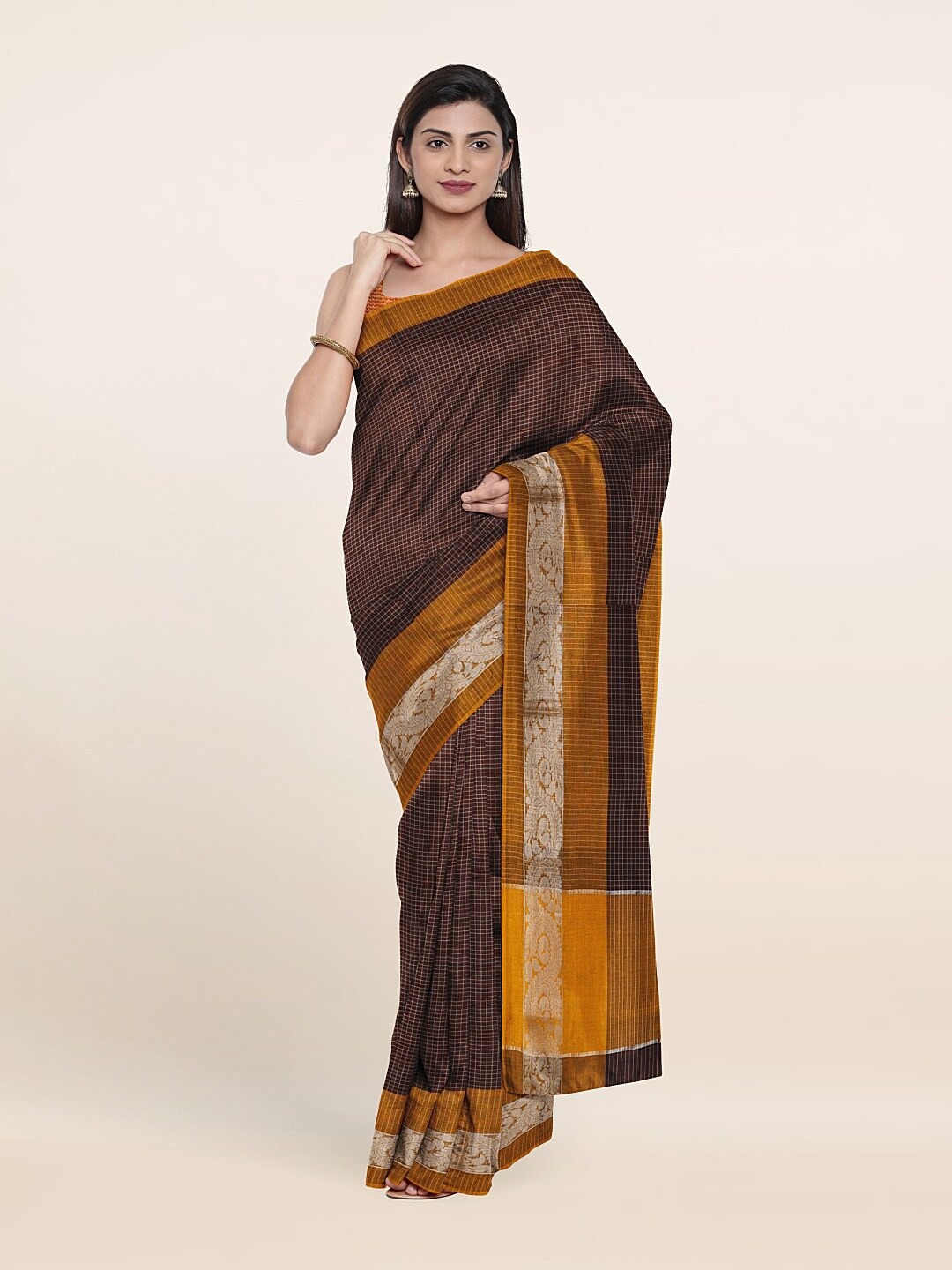 

Pothys Brown & Silver-Toned Woven Design Zari Pure Cotton Saree