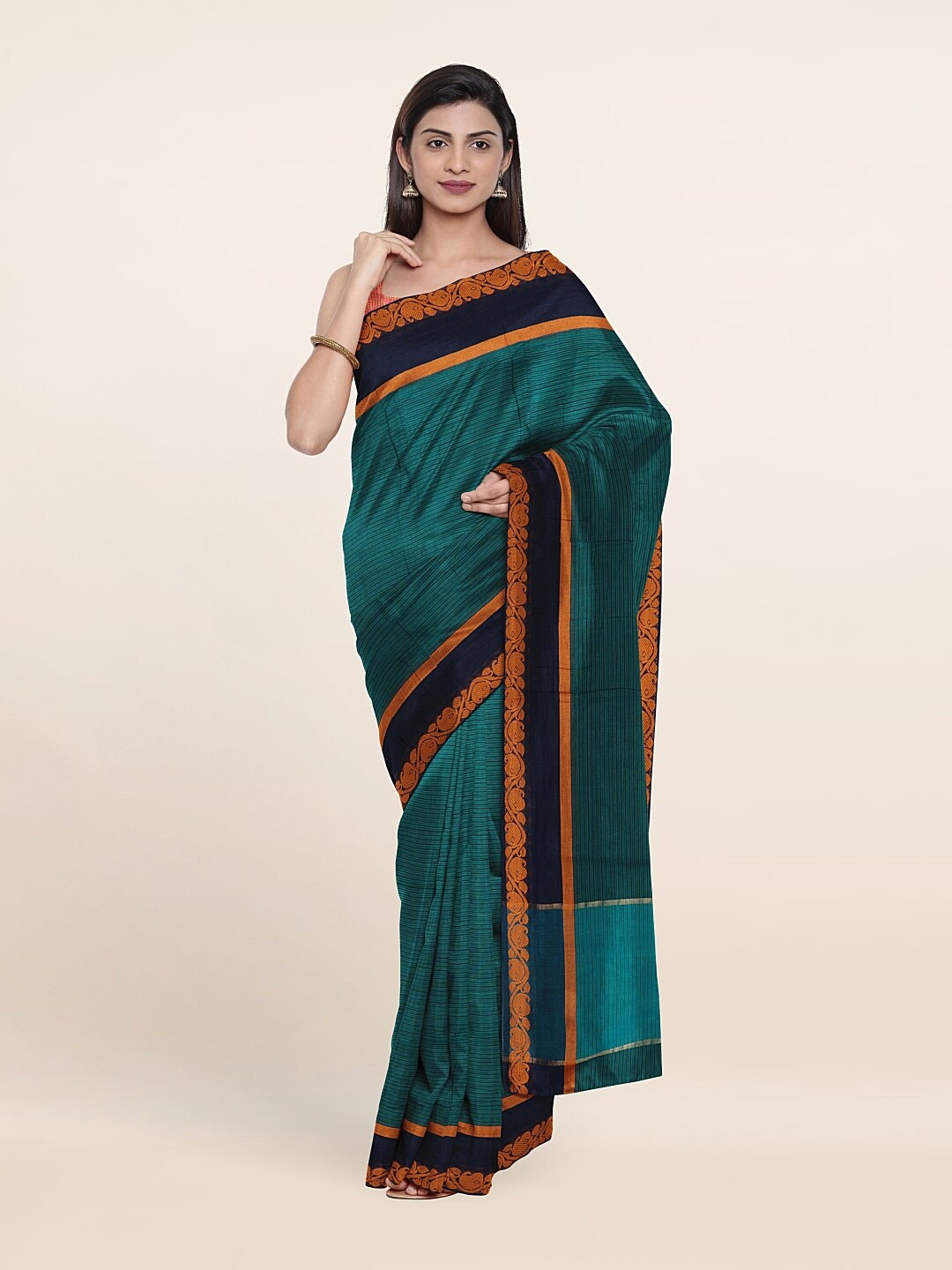 

Pothys Teal & Orange Woven Design Pure Cotton Saree