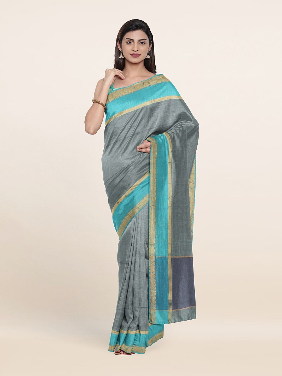 

Pothys Grey & Gold-Toned Woven Design Zari Pure Cotton Saree