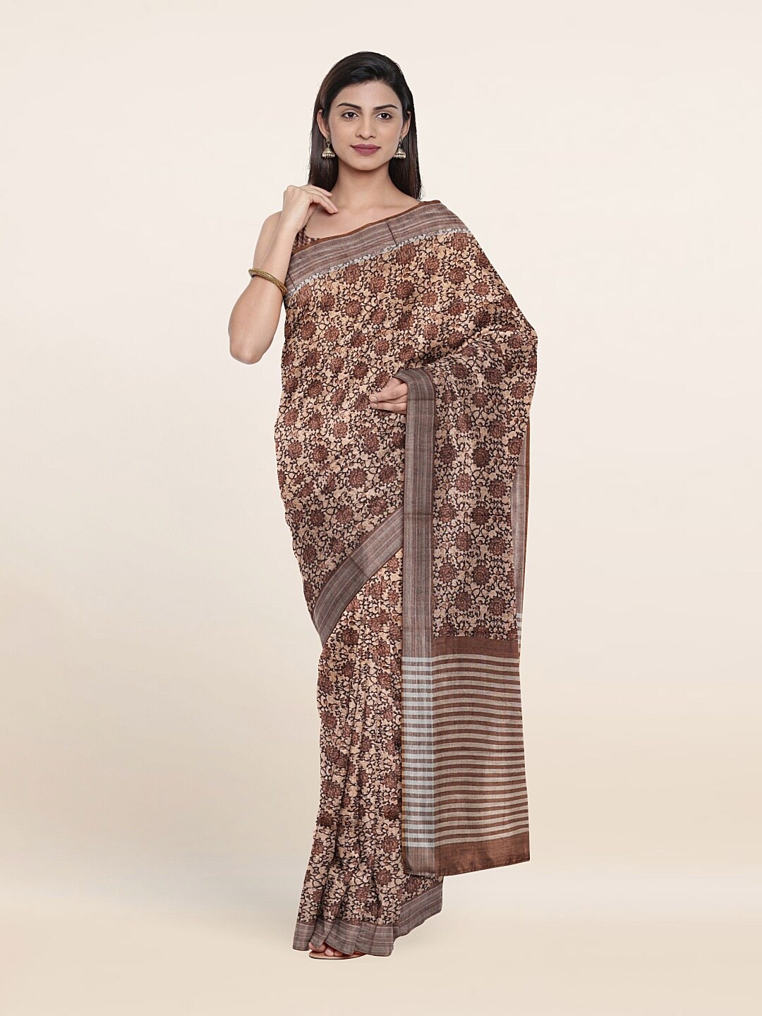 

Pothys Brown Floral Zari Jute Silk Saree