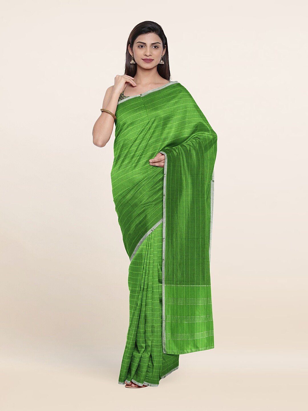

Pothys Green & Silver-Toned Striped Zari Pure Cotton Saree