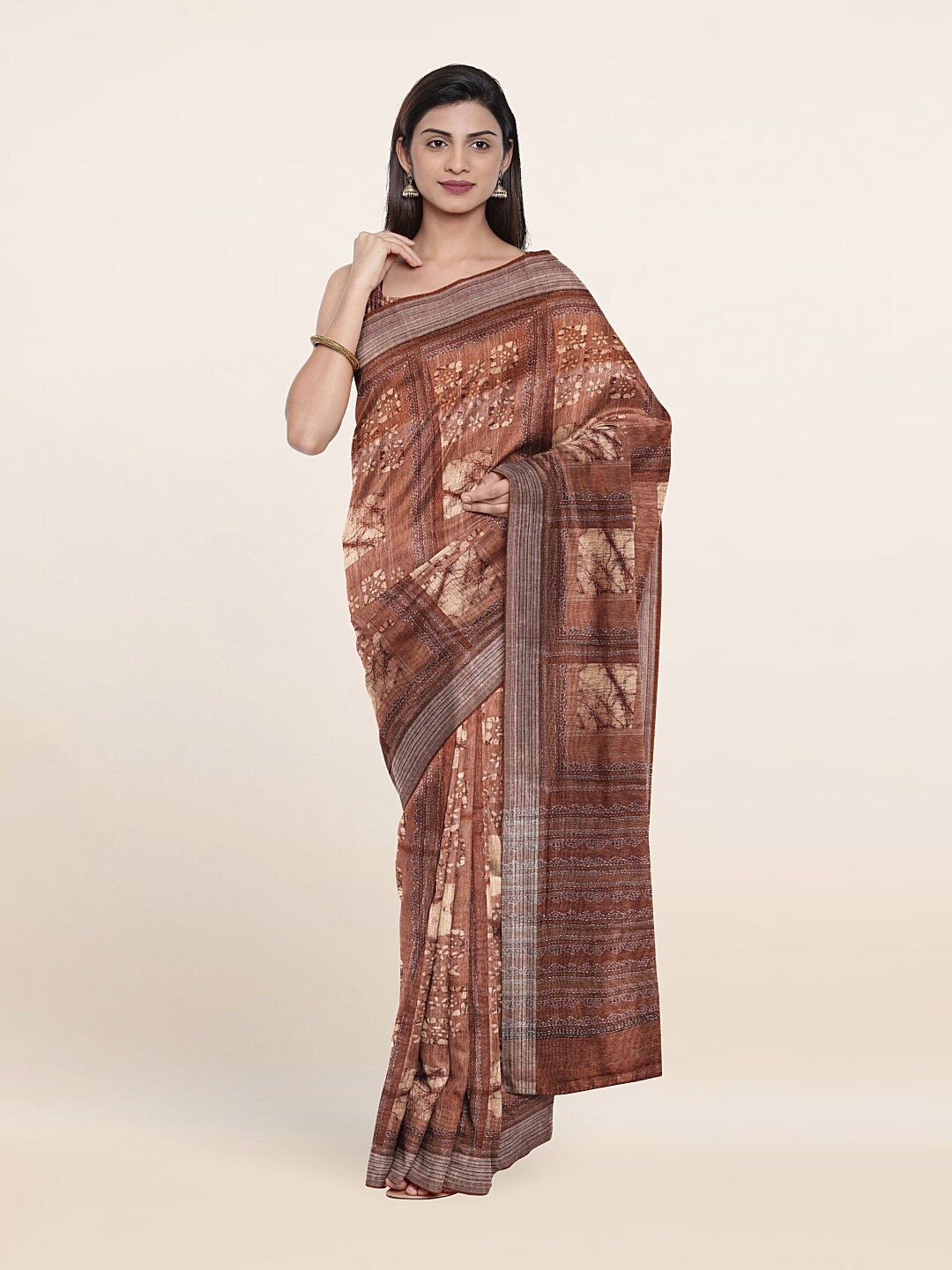

Pothys Brown Floral Jute Silk Saree