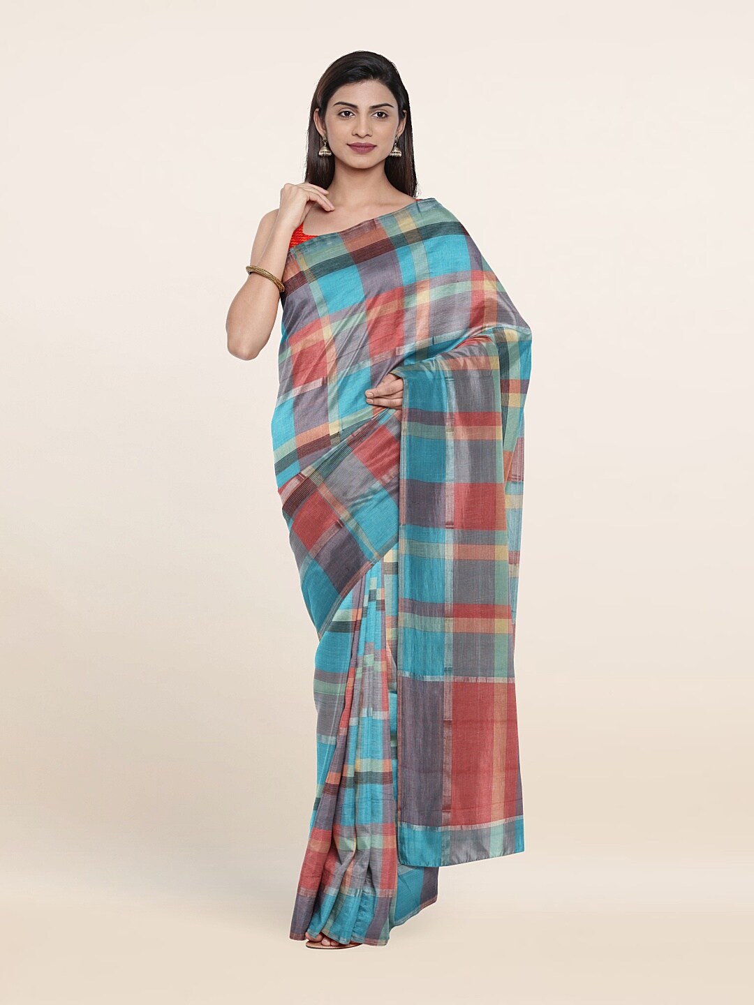 

Pothys Blue & Red Checked Zari Pure Cotton Saree