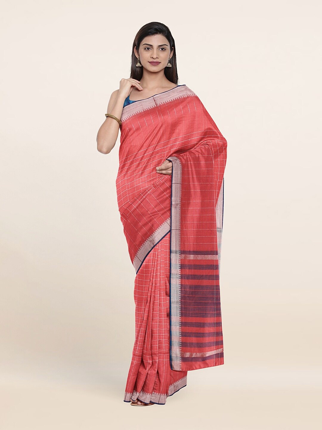 

Pothys Pink & Silver-Toned Checked Zari Pure Cotton Saree