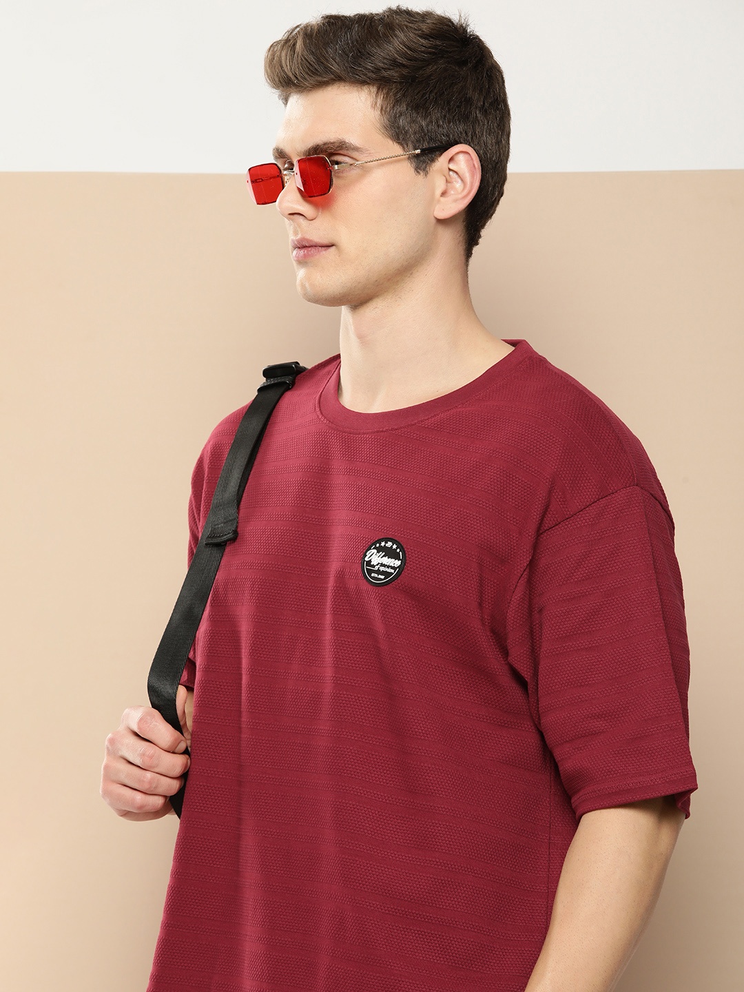 

Difference of Opinion Men Maroon Solid Cotton Drop-Shoulder Oversized Fit T-shirt