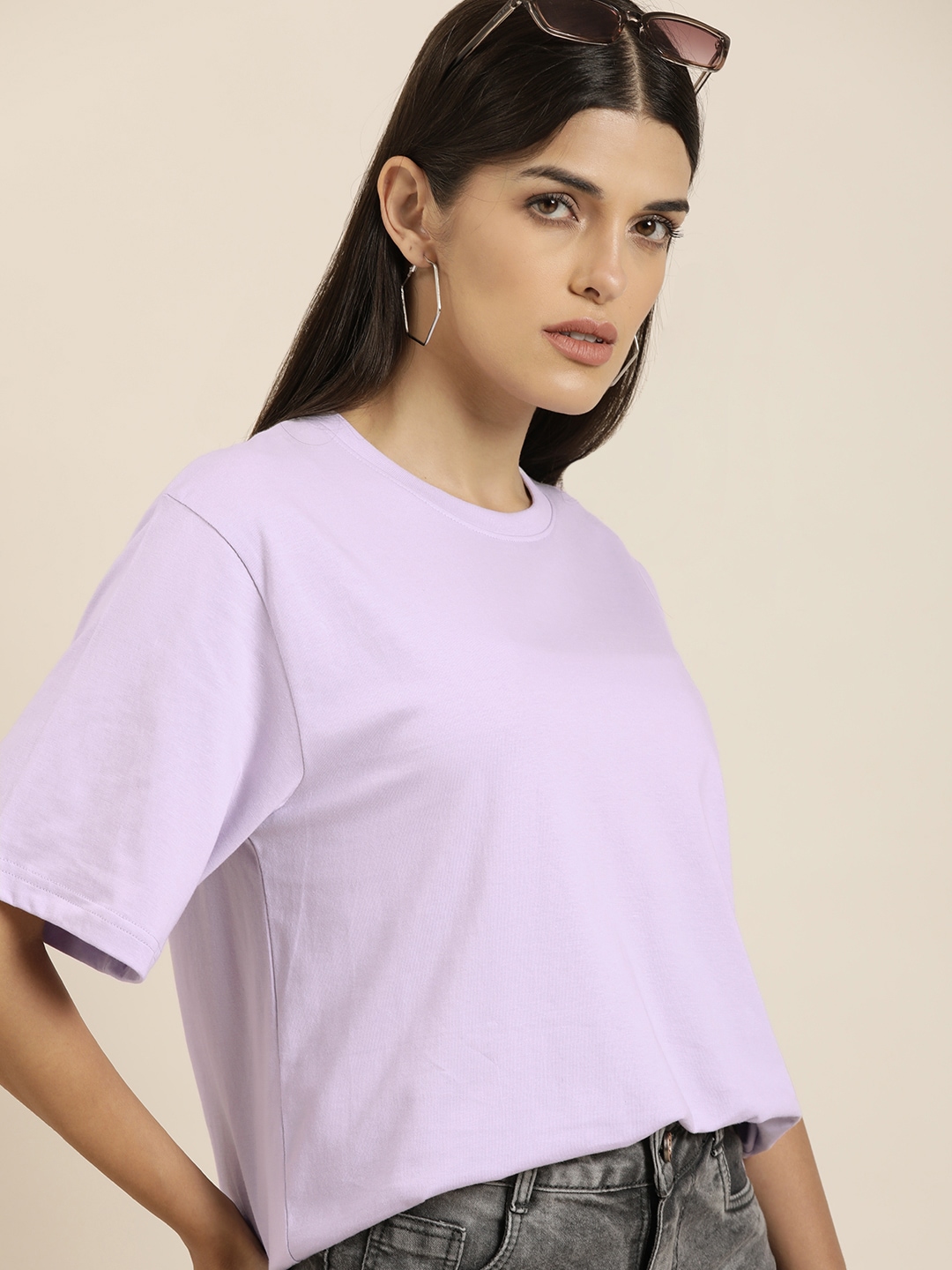 

Difference of Opinion Women Lavender Solid Pure Cotton Oversized T-shirt