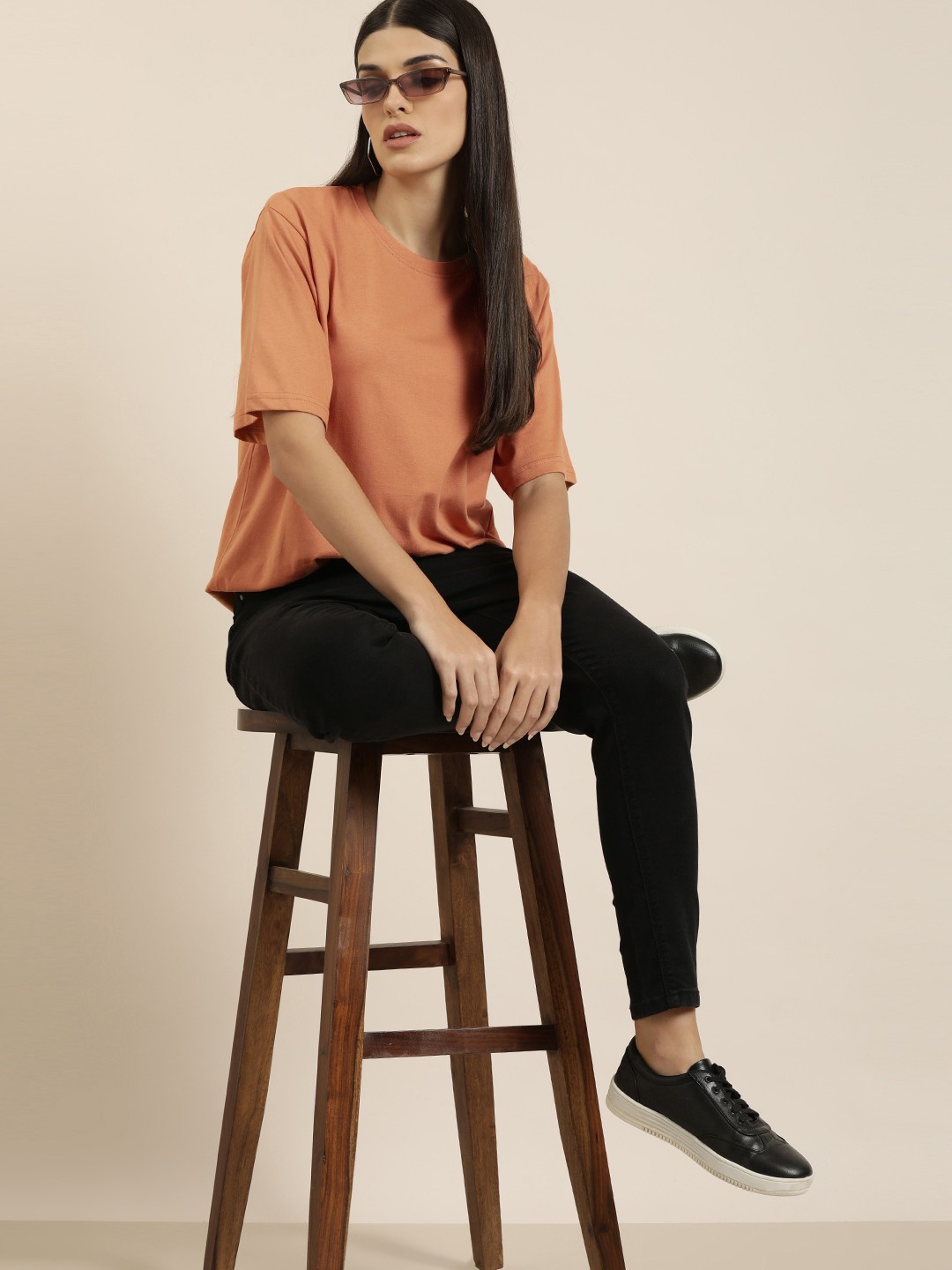 

Difference of Opinion Women Coral Orange Solid Pure Cotton Oversized T-shirt
