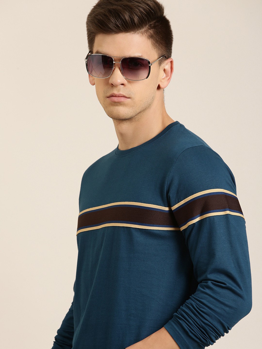 

Difference of Opinion Men Blue & Black Striped Pure Cotton Drop-Shoulder Sleeves T-shirt