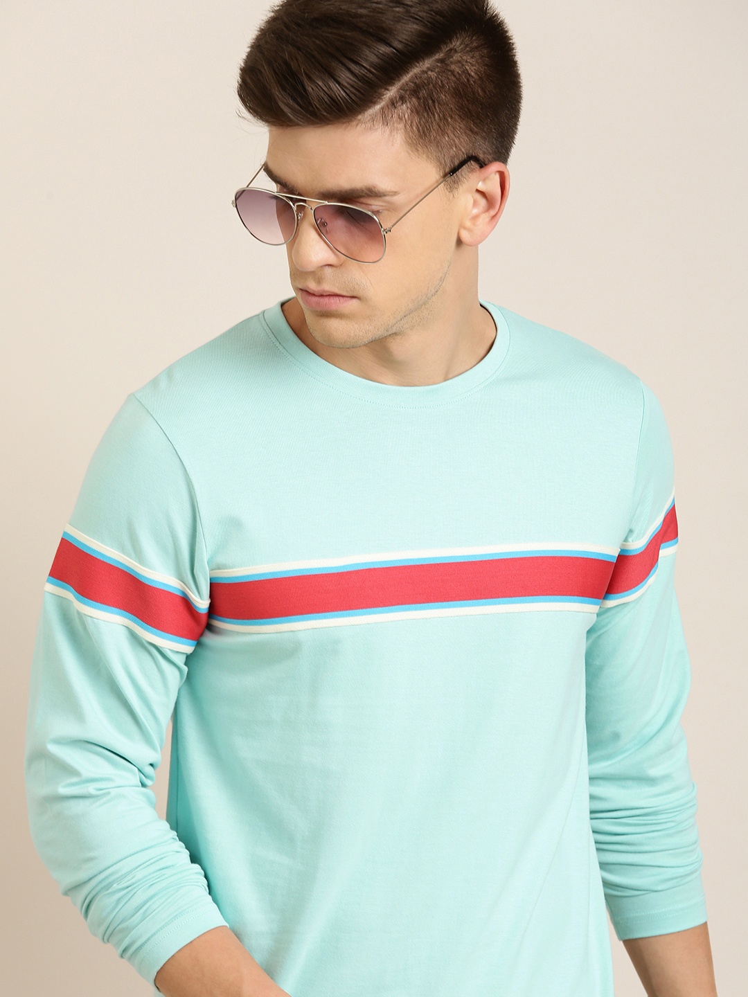 

Difference of Opinion Men Sea Green & Pink Pure Cotton Striped T-shirt