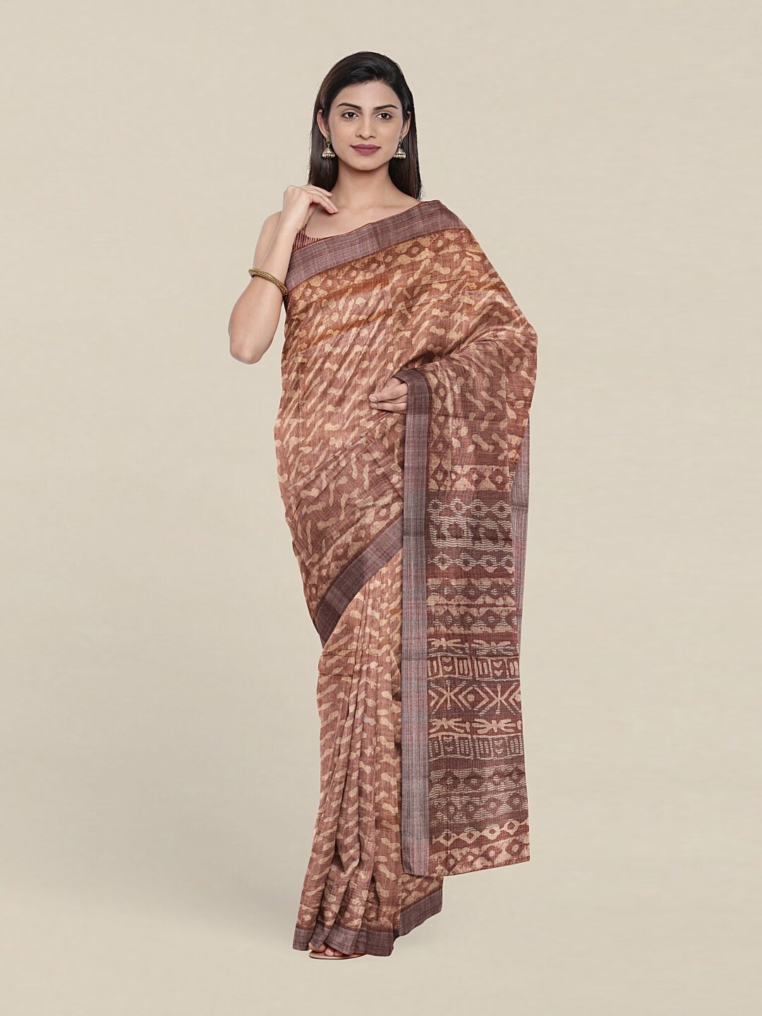 

Pothys Peach-Coloured & Brown Jute Silk Saree
