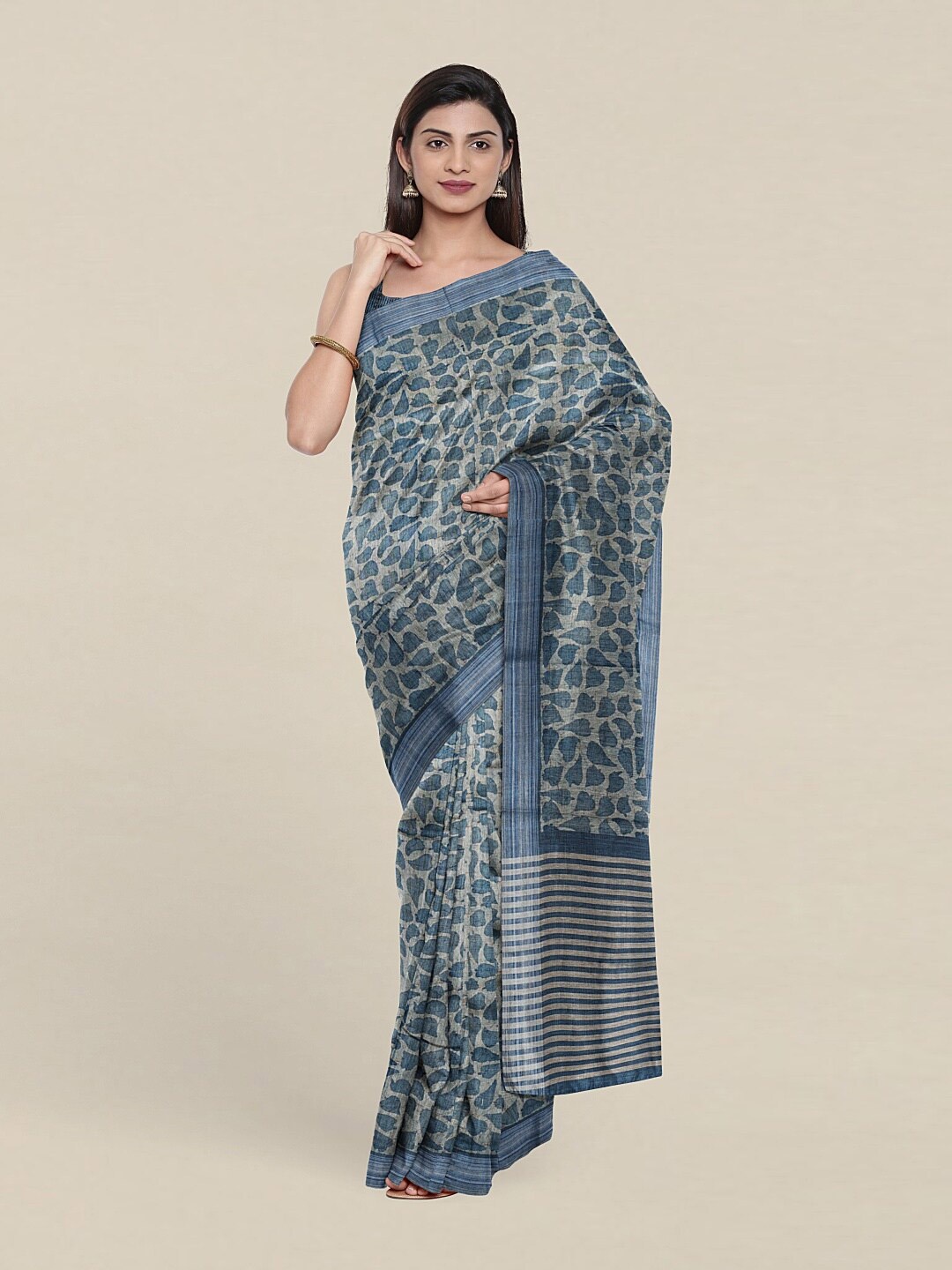 

Pothys Blue & Cream-Coloured Ethnic Motifs Jute Silk Saree