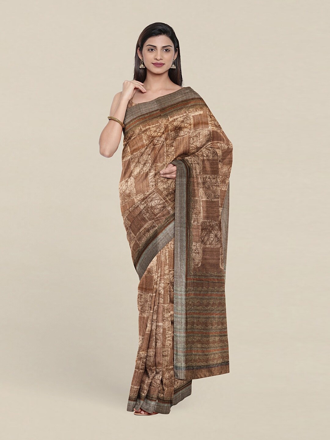 

Pothys Brown & Silver-Toned Zari Printed Jute Silk Saree