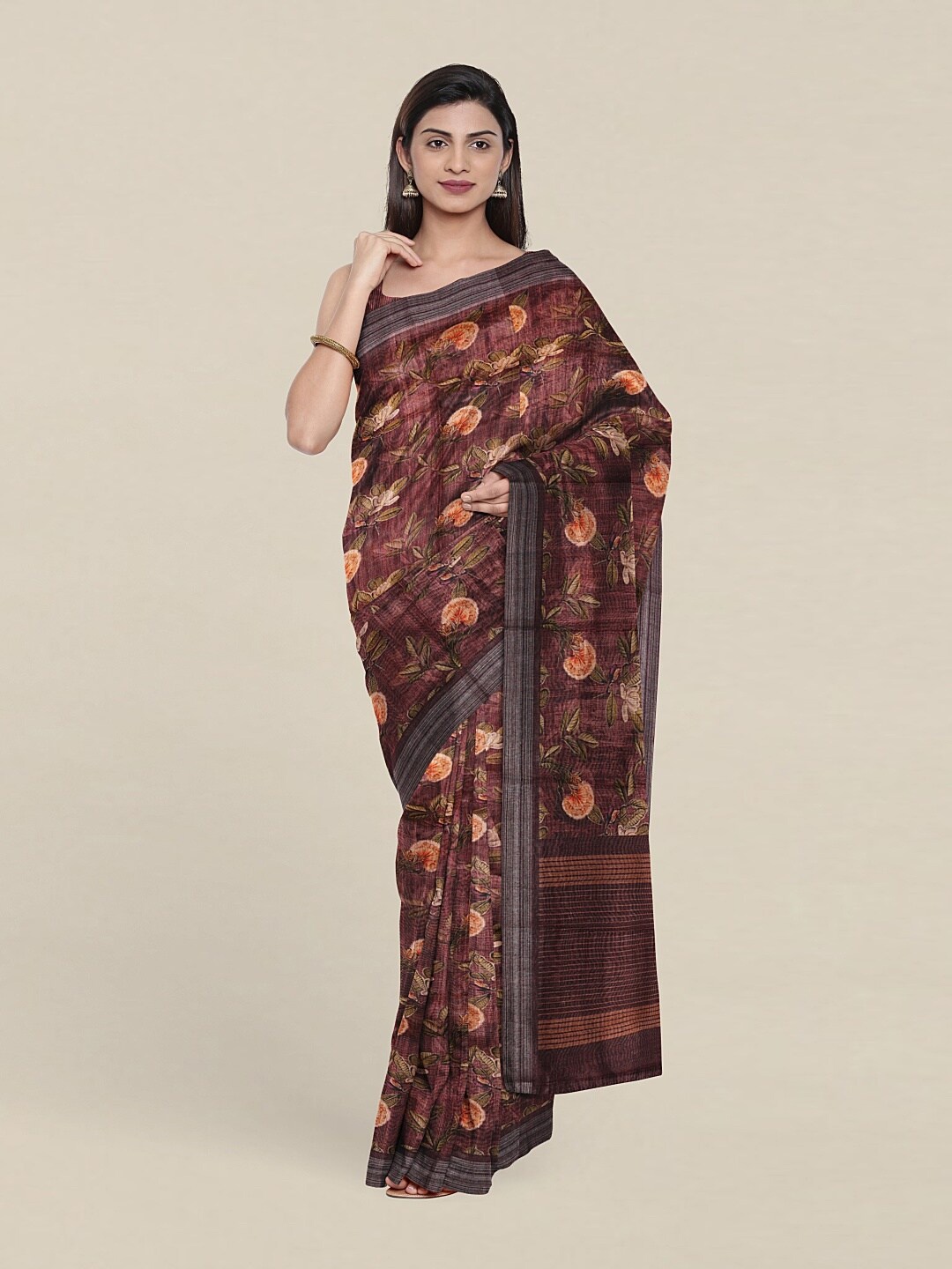 

Pothys Brown & Peach-Coloured Floral Printed Jute Silk Saree