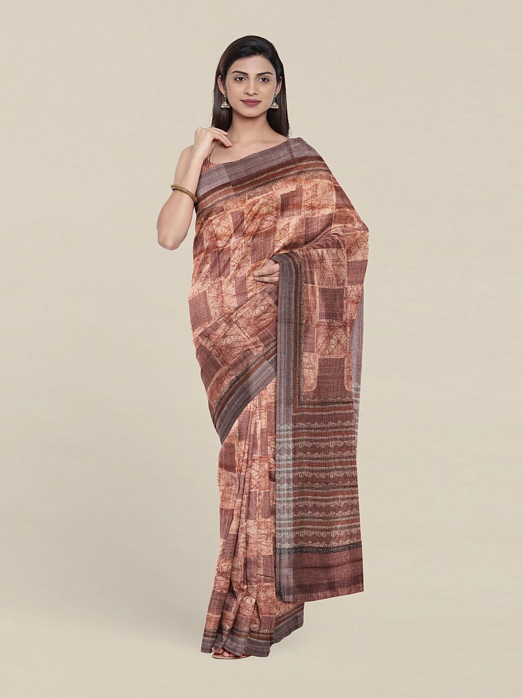 

Pothys Peach-Coloured & Silver-Toned Jute Silk Saree