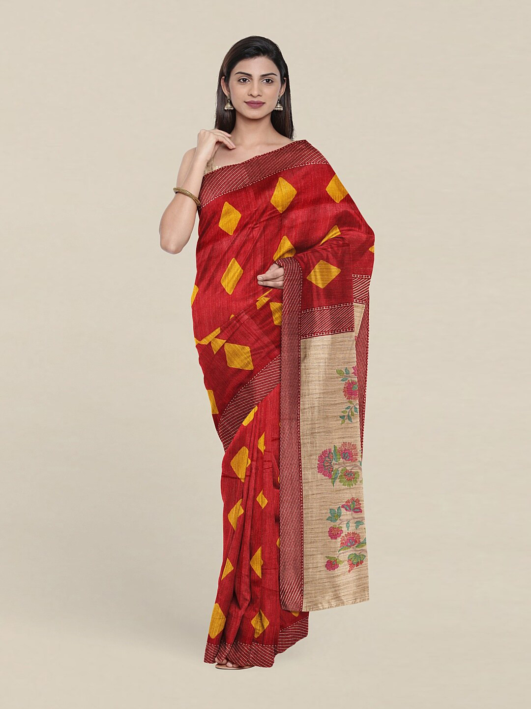 

Pothys Red & Yellow Floral Jute Silk Saree
