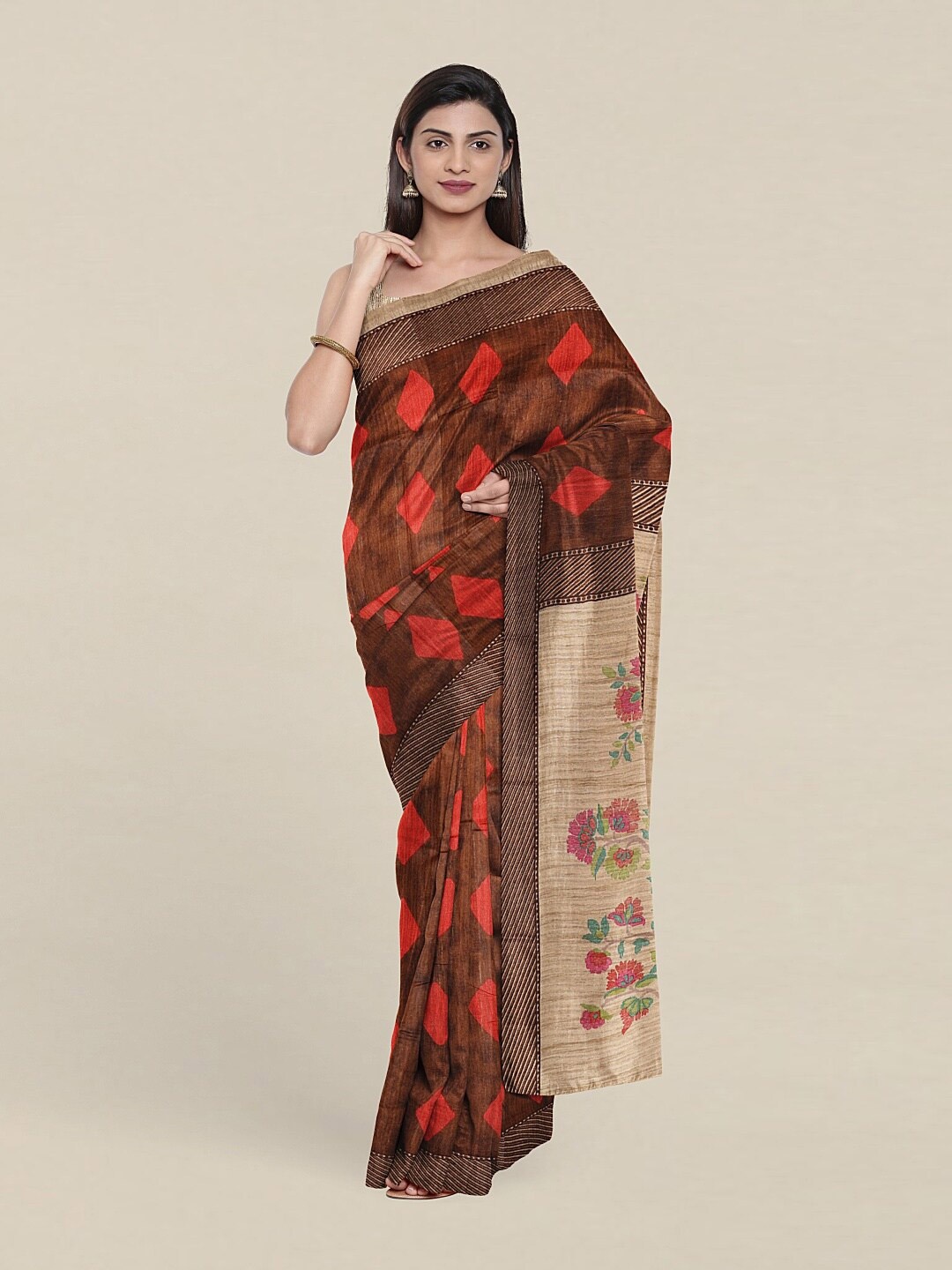 

Pothys Brown & Red Jute Silk Saree