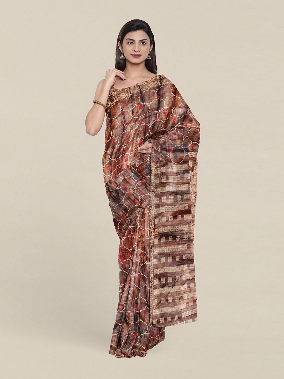 

Pothys Brown & Red Jute Silk Printed Saree