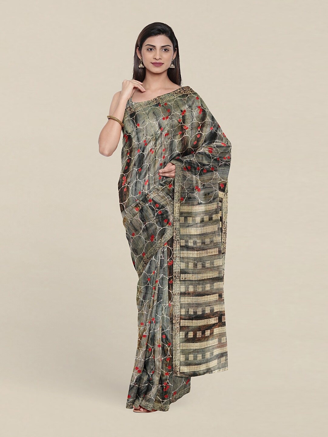 

Pothys Olive Green & Grey Jute Silk Saree