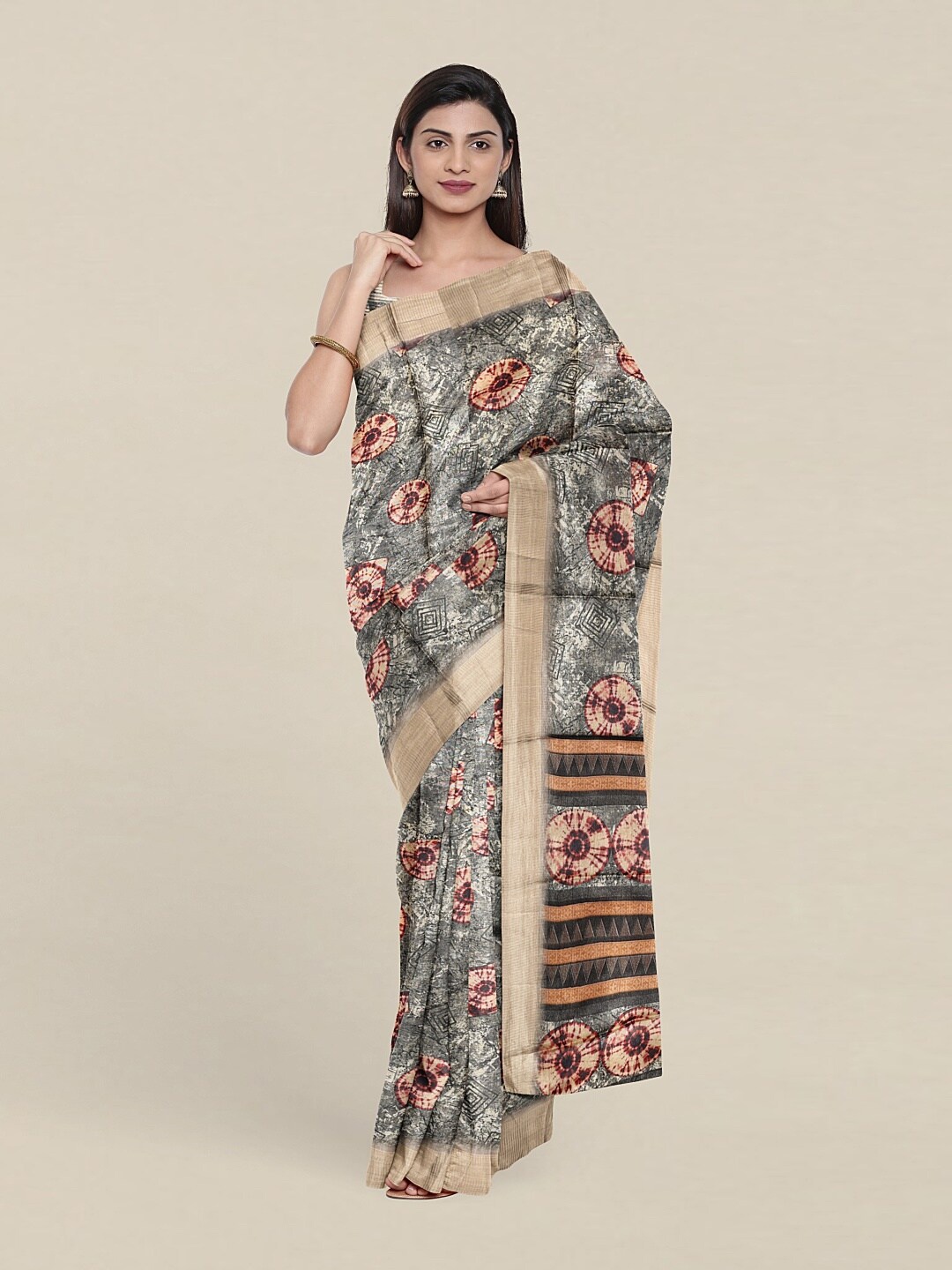 

Pothys Grey & Brown Printed Jute Silk Saree