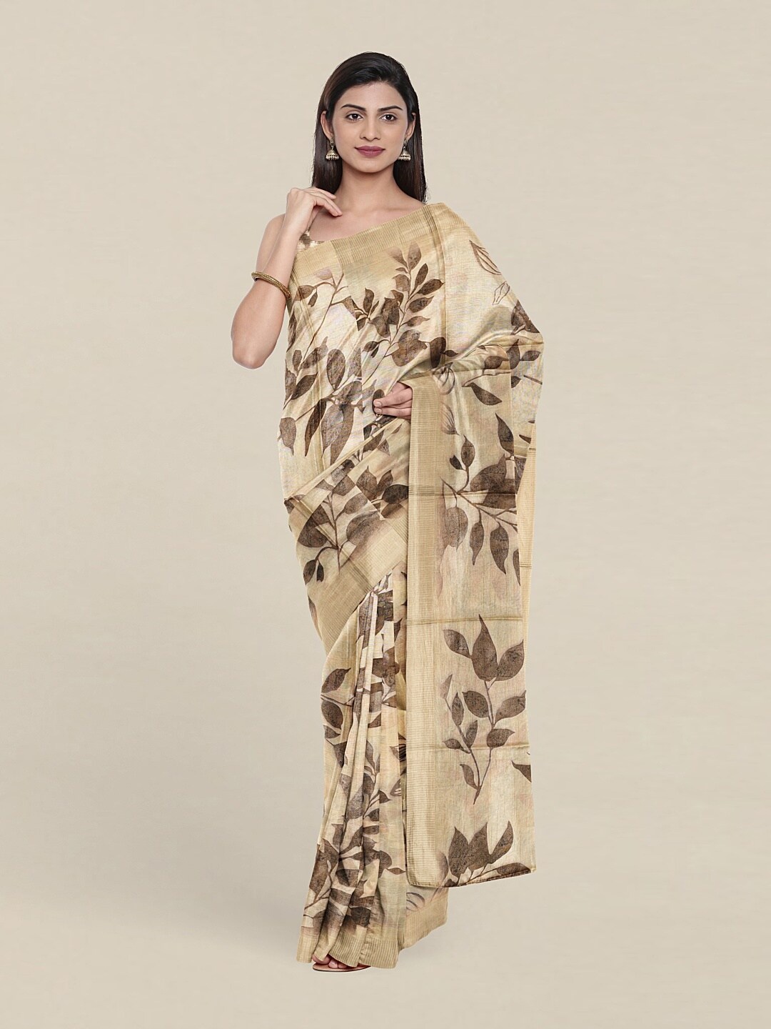 

Pothys Yellow & Brown Floral Jute Silk Saree
