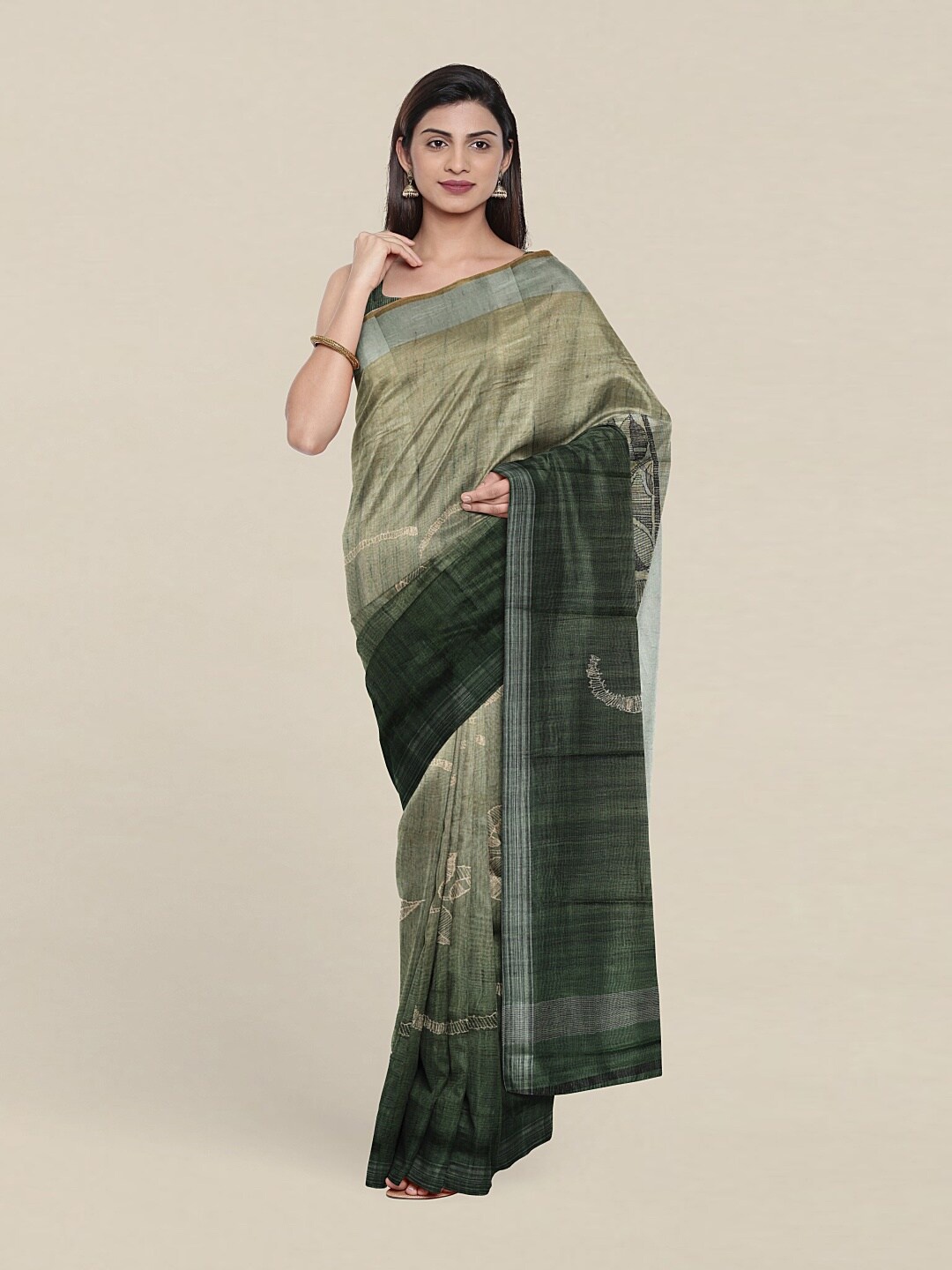 

Pothys Green & Cream-Coloured Floral Jute Silk Saree