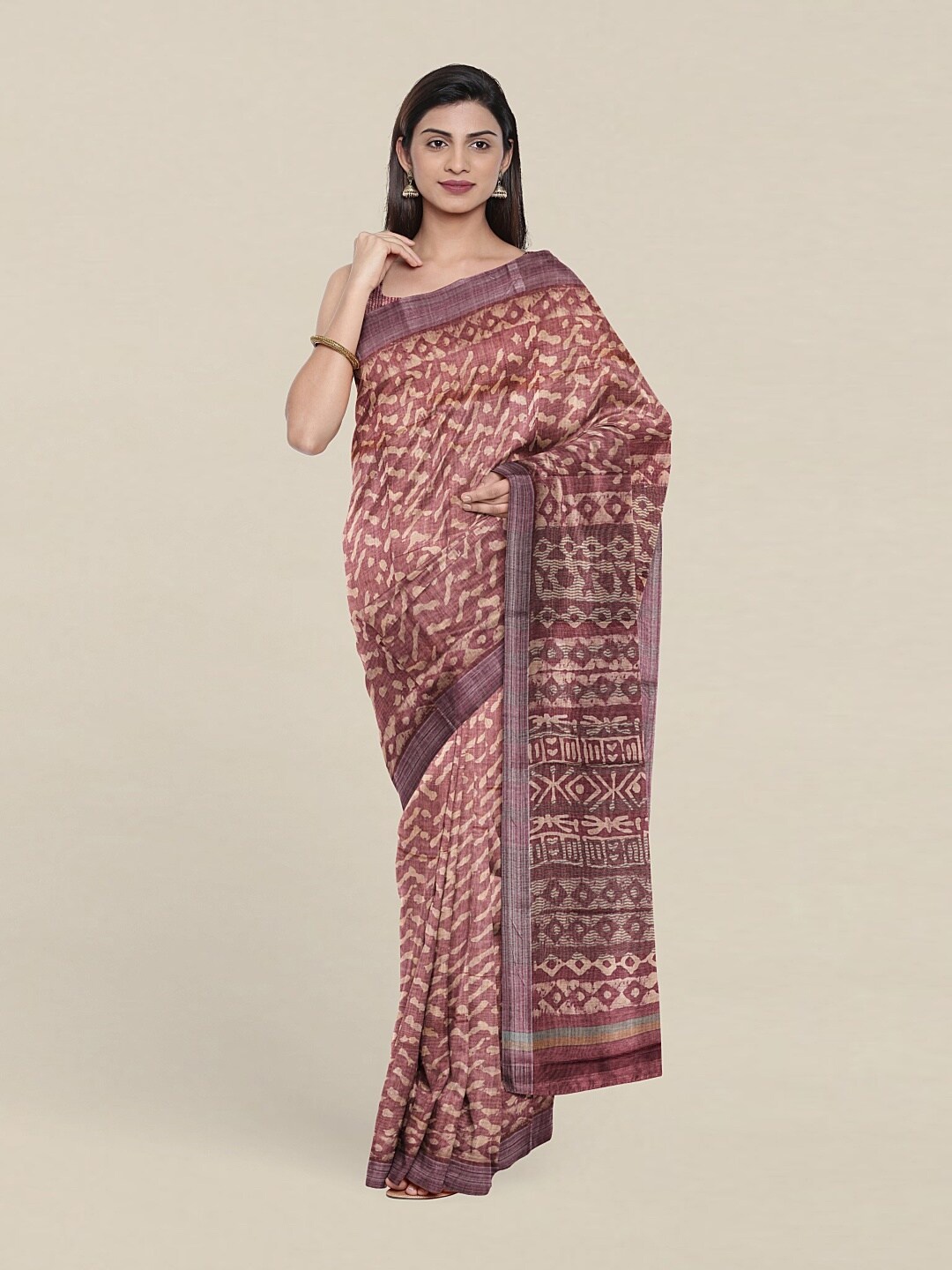 

Pothys Pink & Silver-Toned Zari Jute Silk Saree