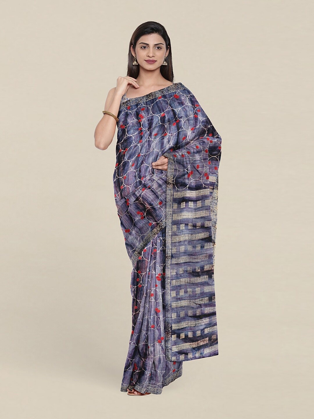 

Pothys Blue & Red Floral Jute Silk Saree