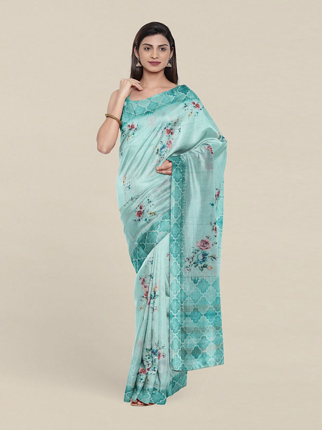 

Pothys Blue & Pink Floral Jute Silk Saree