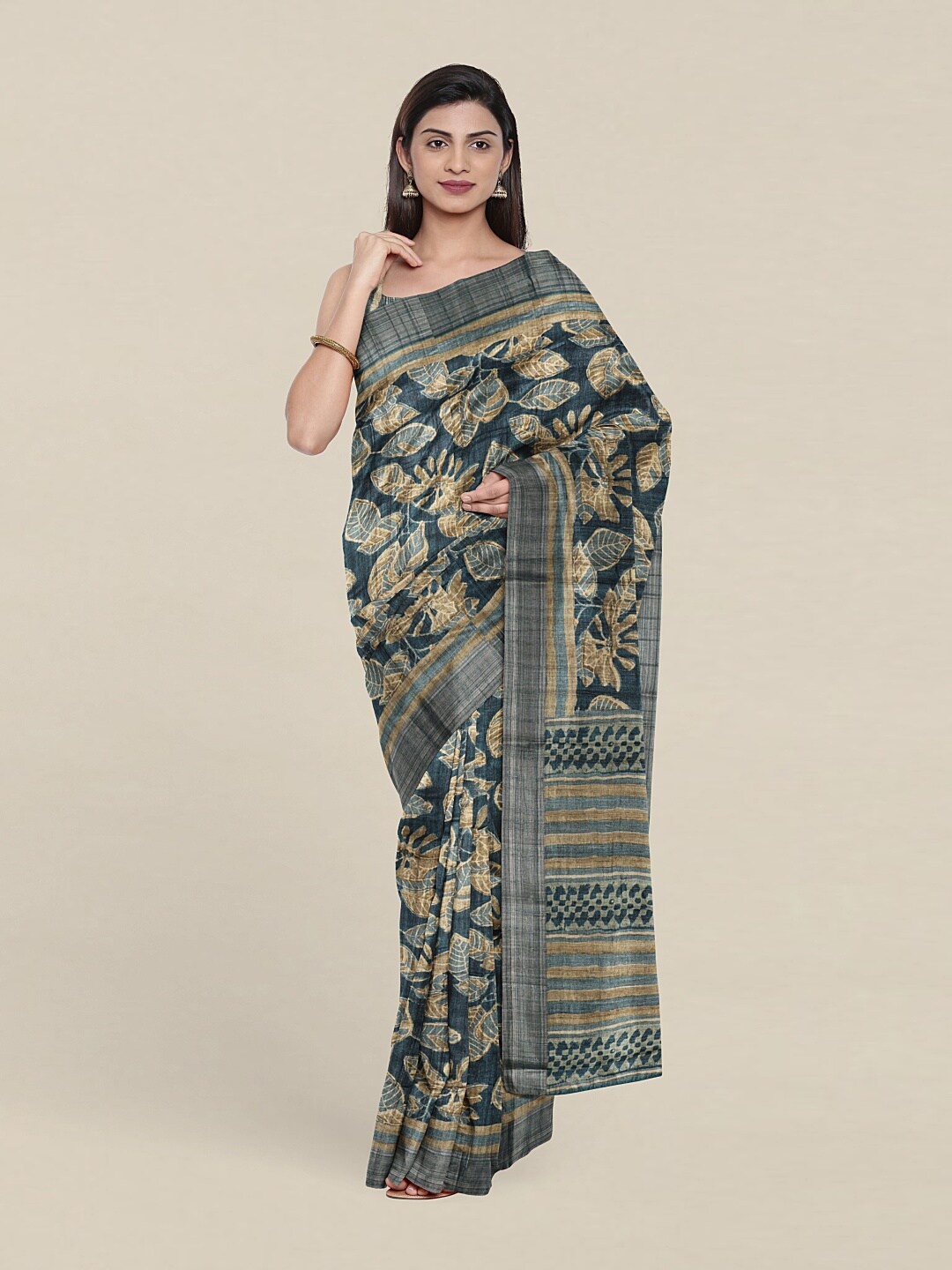 

Pothys Blue & Brown Floral Jute Silk Saree